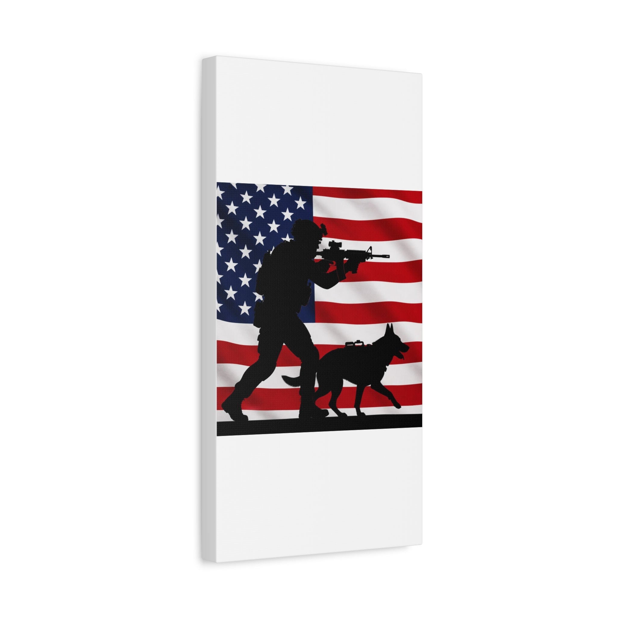 Patriotic Military K9 Canvas Wall Art — Soldier and Dog Silhouette with American Flag