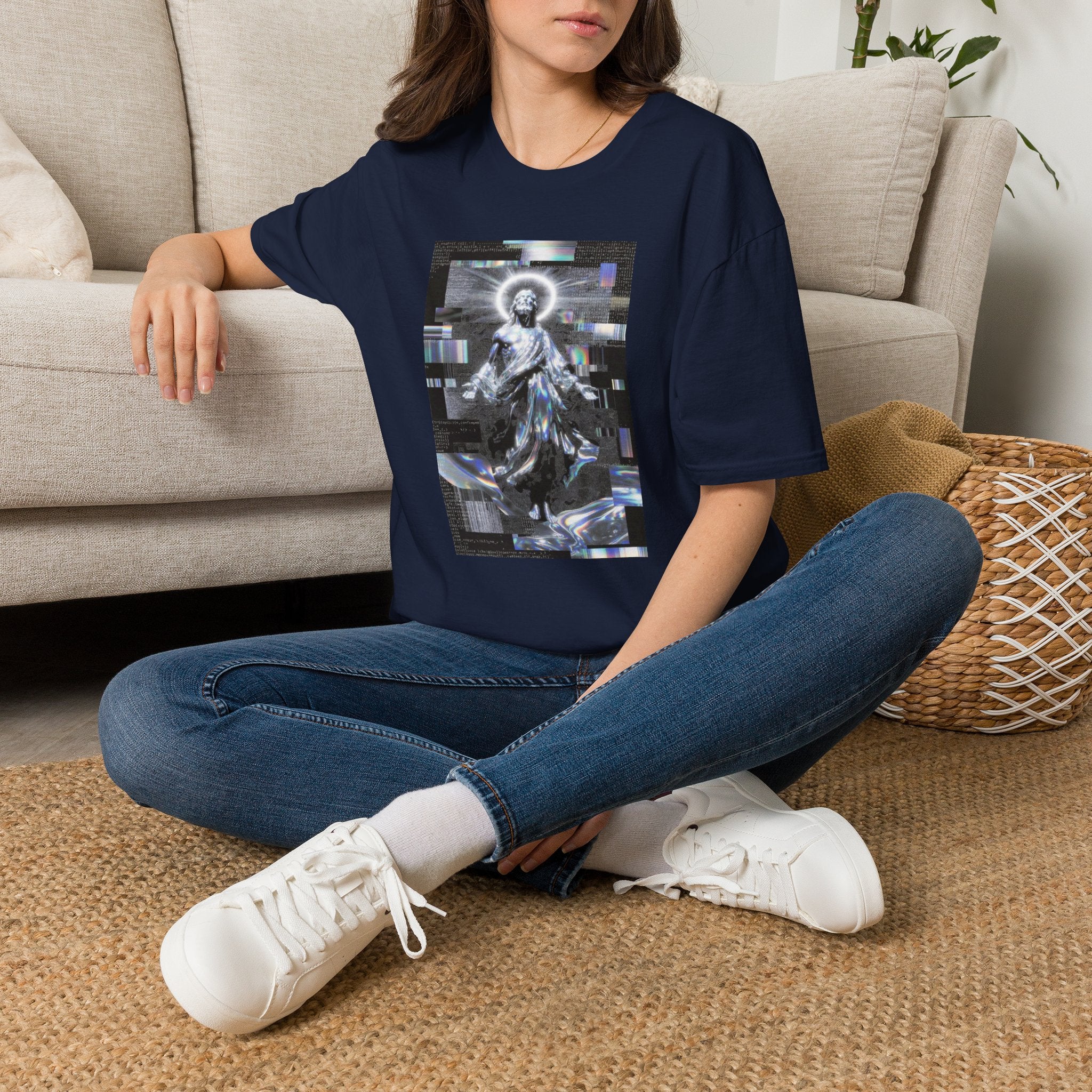 Glitch Halo Jesus T-Shirt — Vintage Religious Retro Digital Art Tee