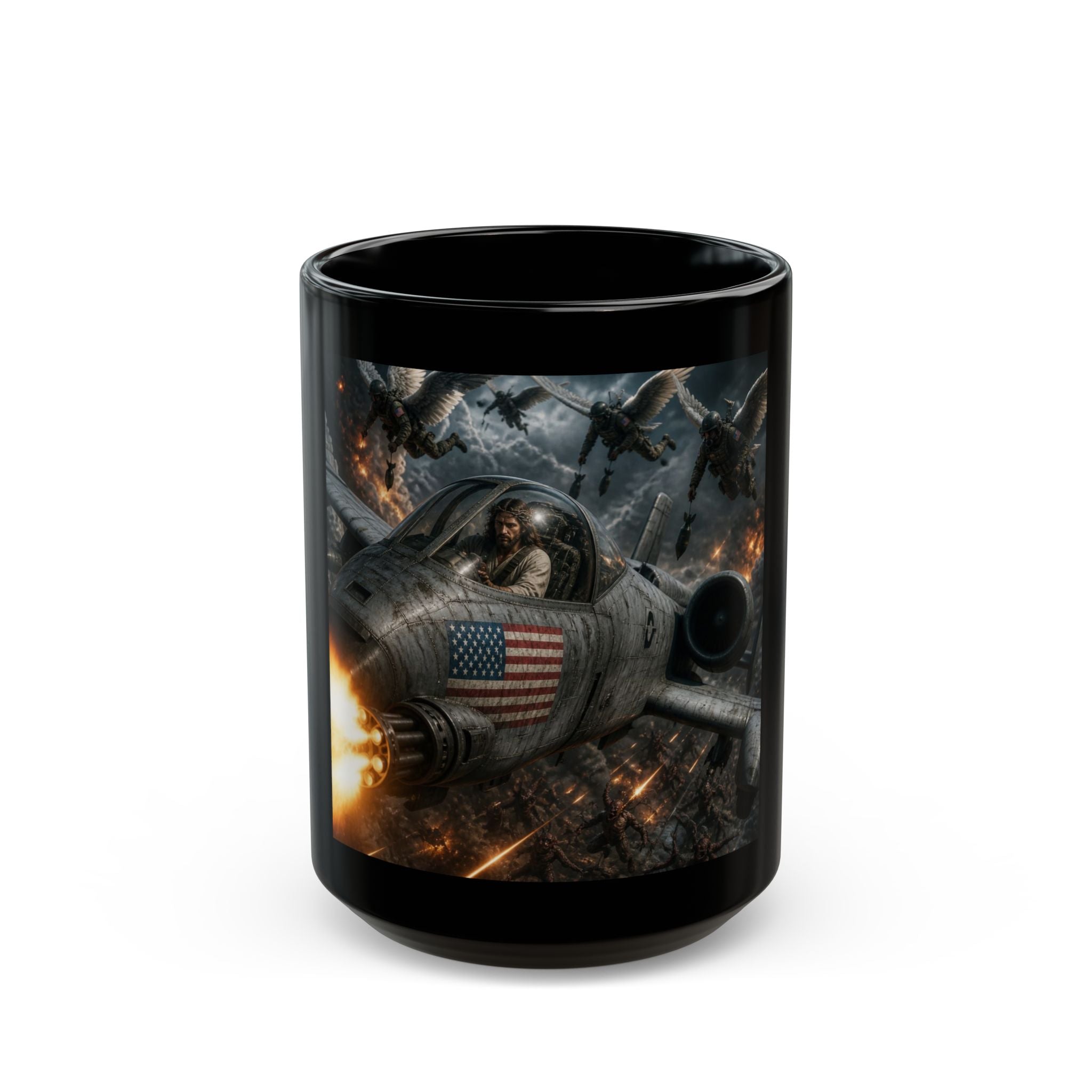 Military Jet Combat Black Mug — A-10 Thunderbolt II with American Flag - Jesus Pilot