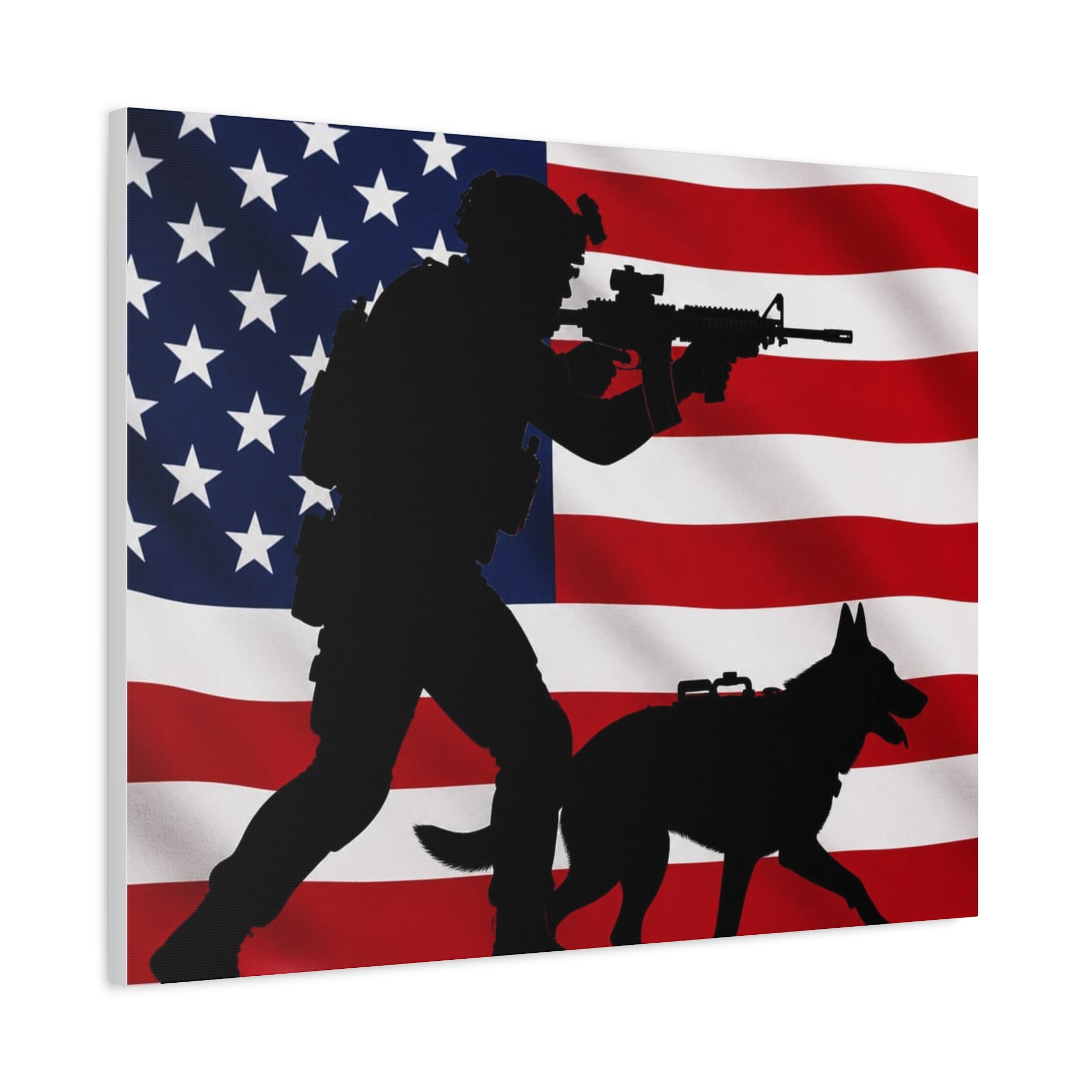 Patriotic Military K9 Canvas Wall Art — Soldier and Dog Silhouette with American Flag