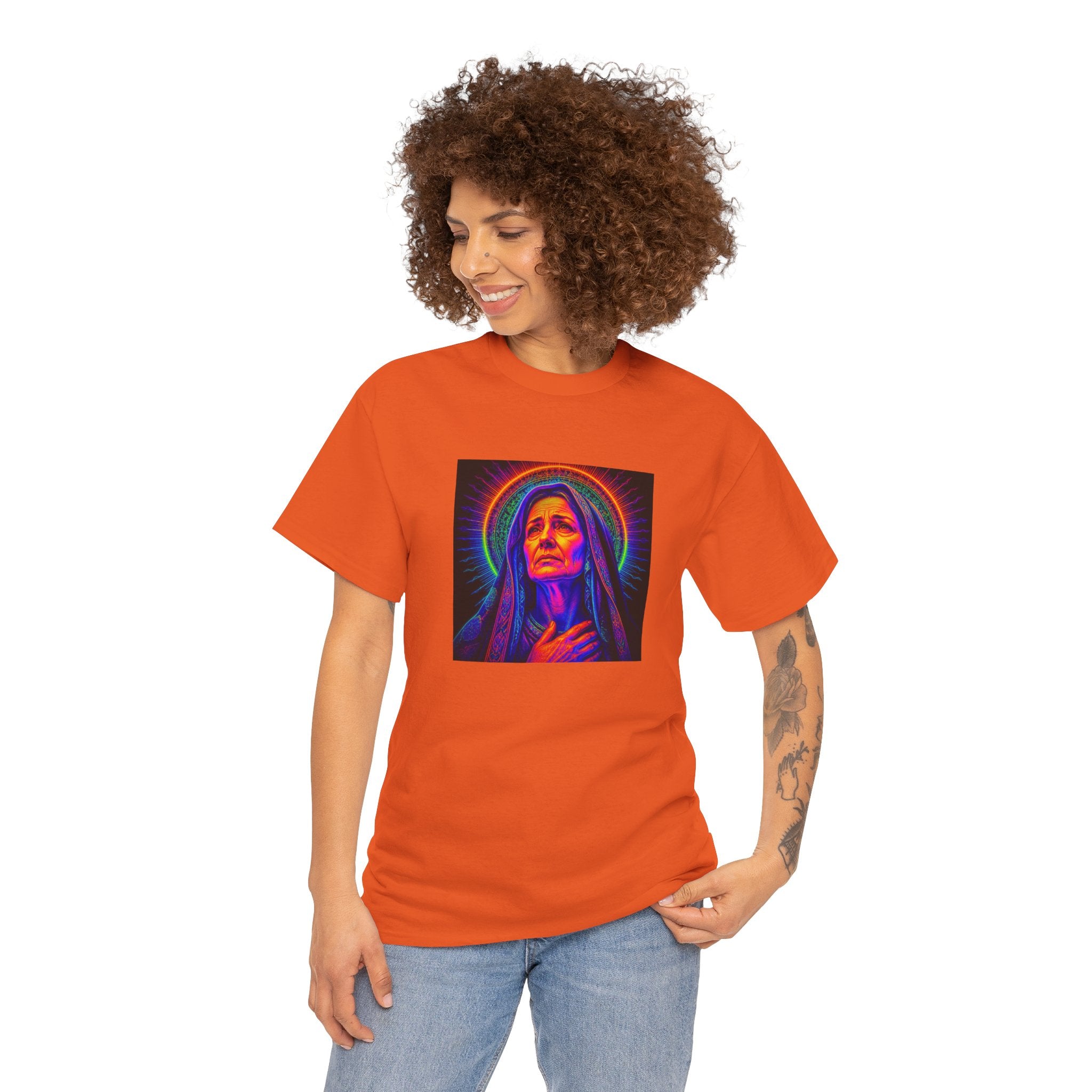T-Shirt — Neon Madonna Portrait Graphic Tee Mother of Christ