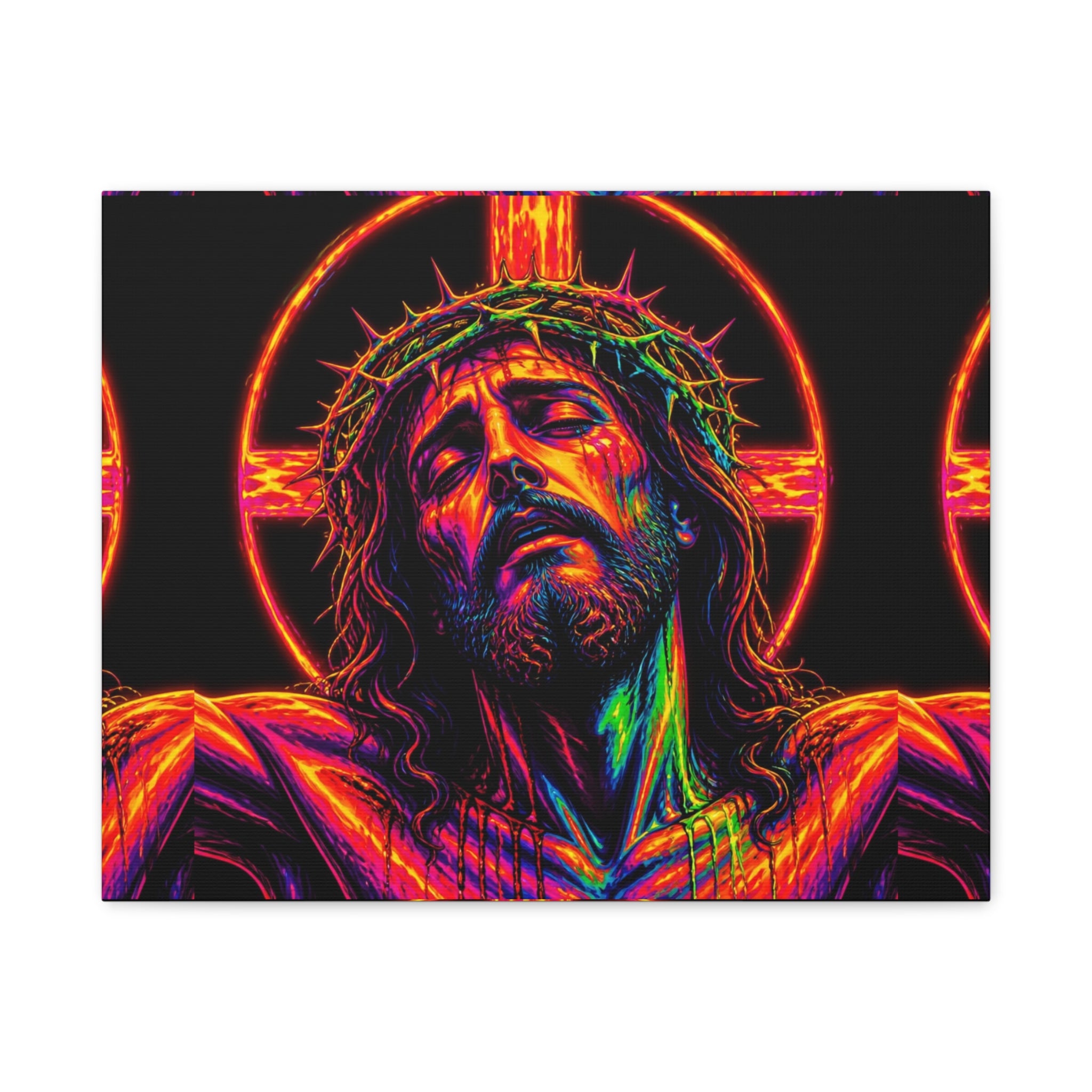 Neon Christ Crucifix Canvas Print — Vibrant Religious Wall Art