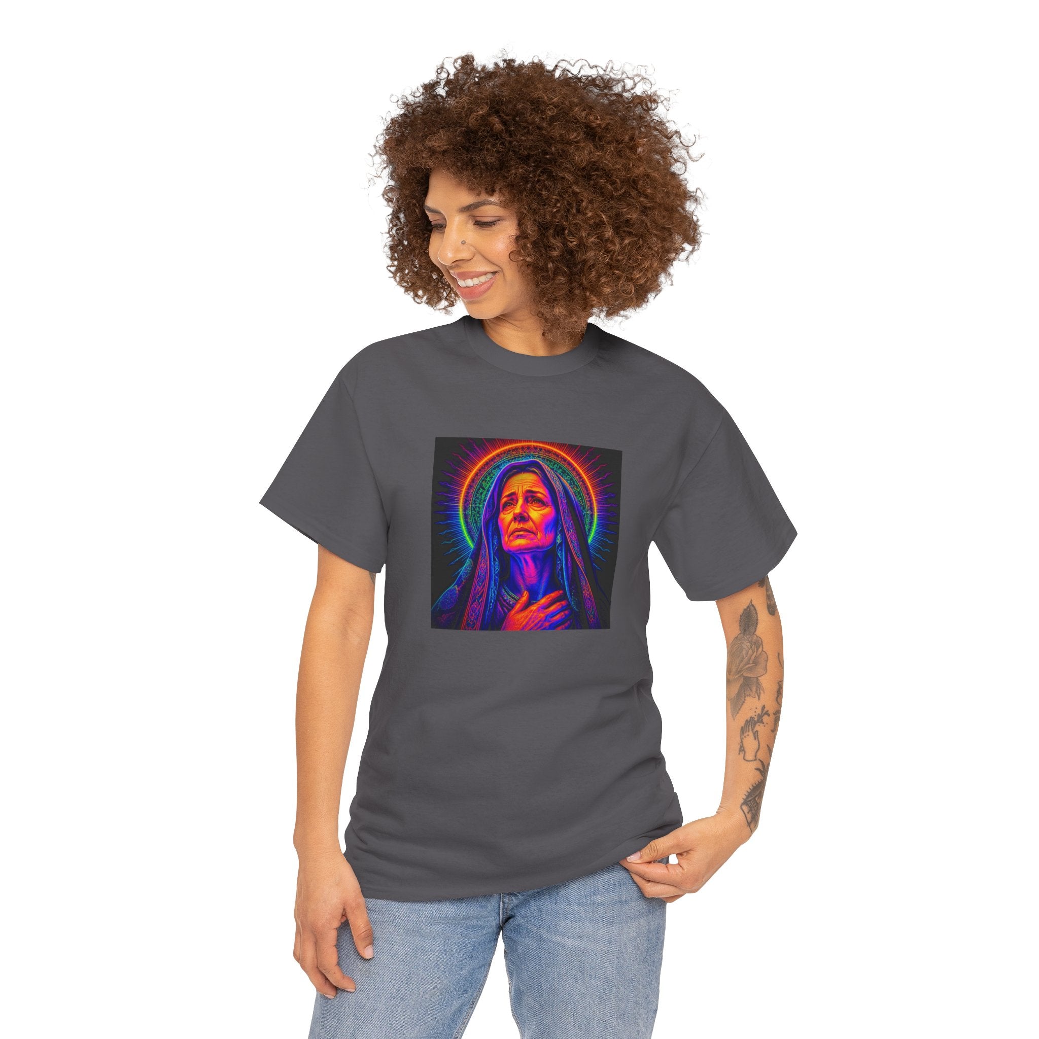 T-Shirt — Neon Madonna Portrait Graphic Tee Mother of Christ