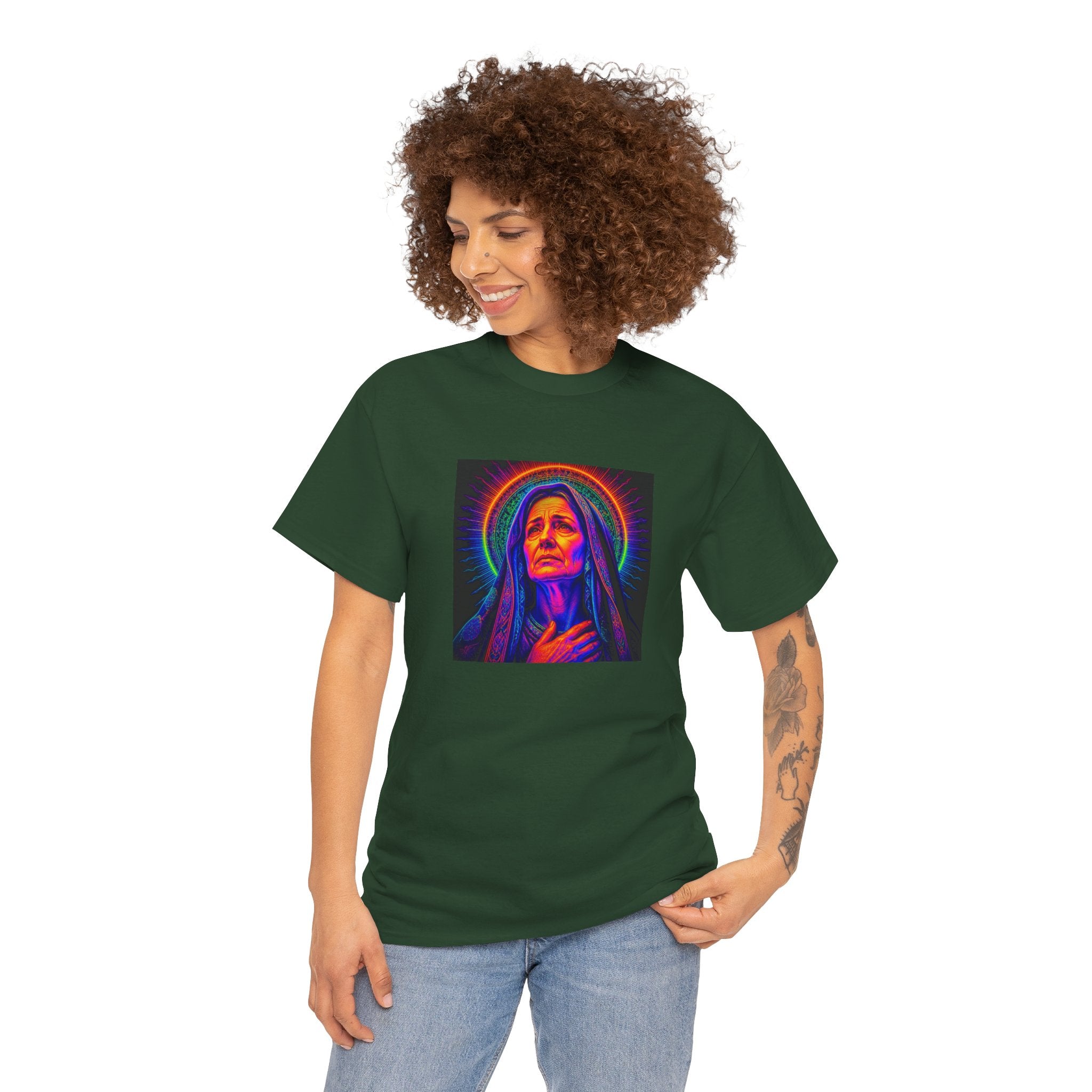T-Shirt — Neon Madonna Portrait Graphic Tee Mother of Christ