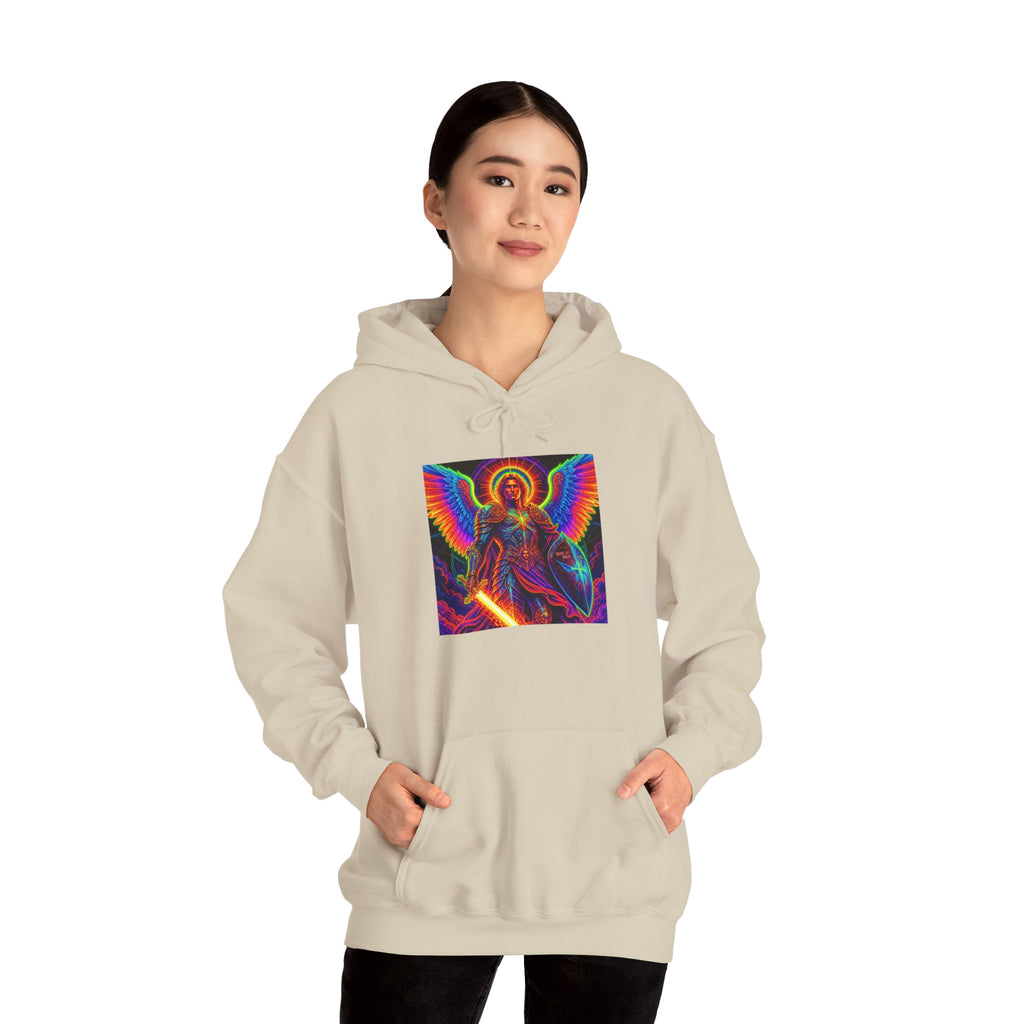 Psychedelic Angel Hoodie — Neon Rainbow Guardian Graphic Sweatshirt