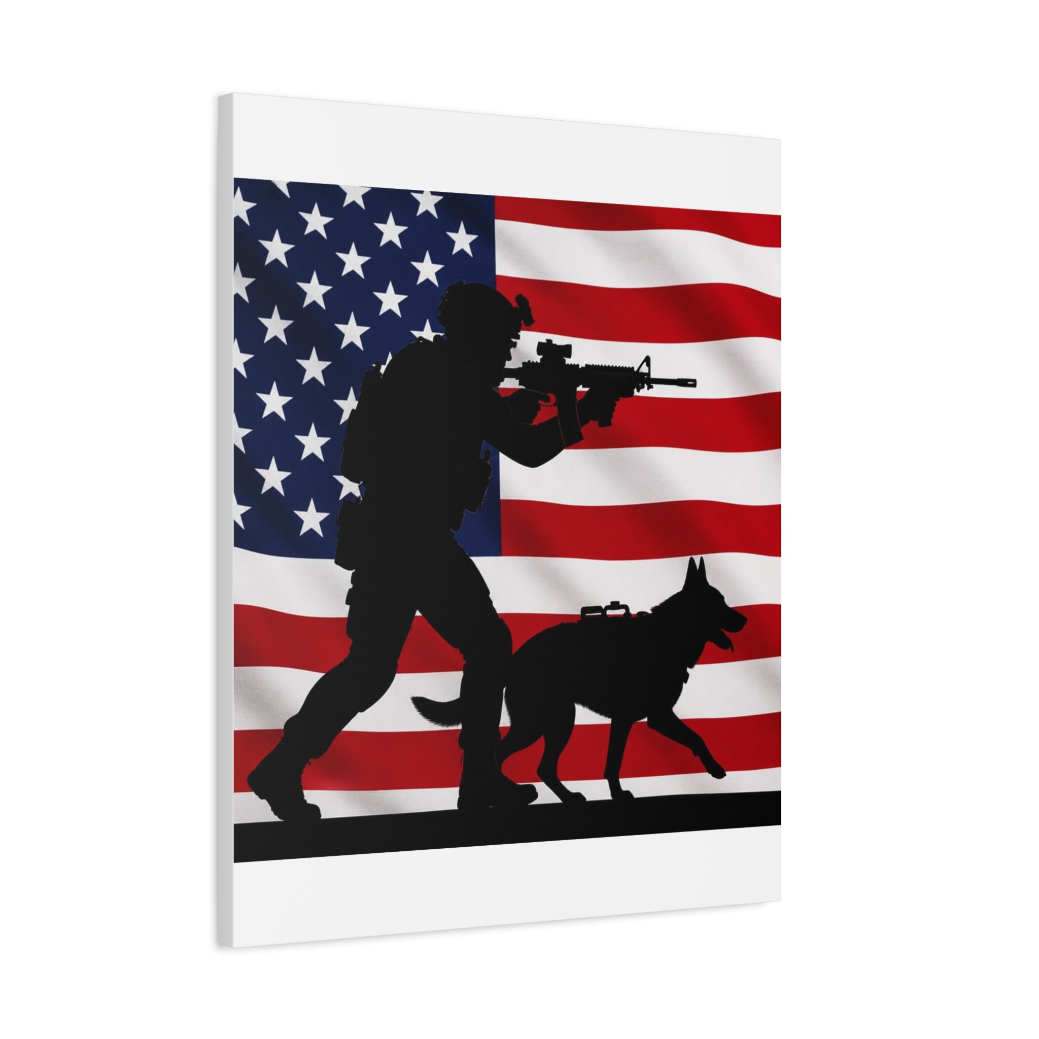 Patriotic Military K9 Canvas Wall Art — Soldier and Dog Silhouette with American Flag