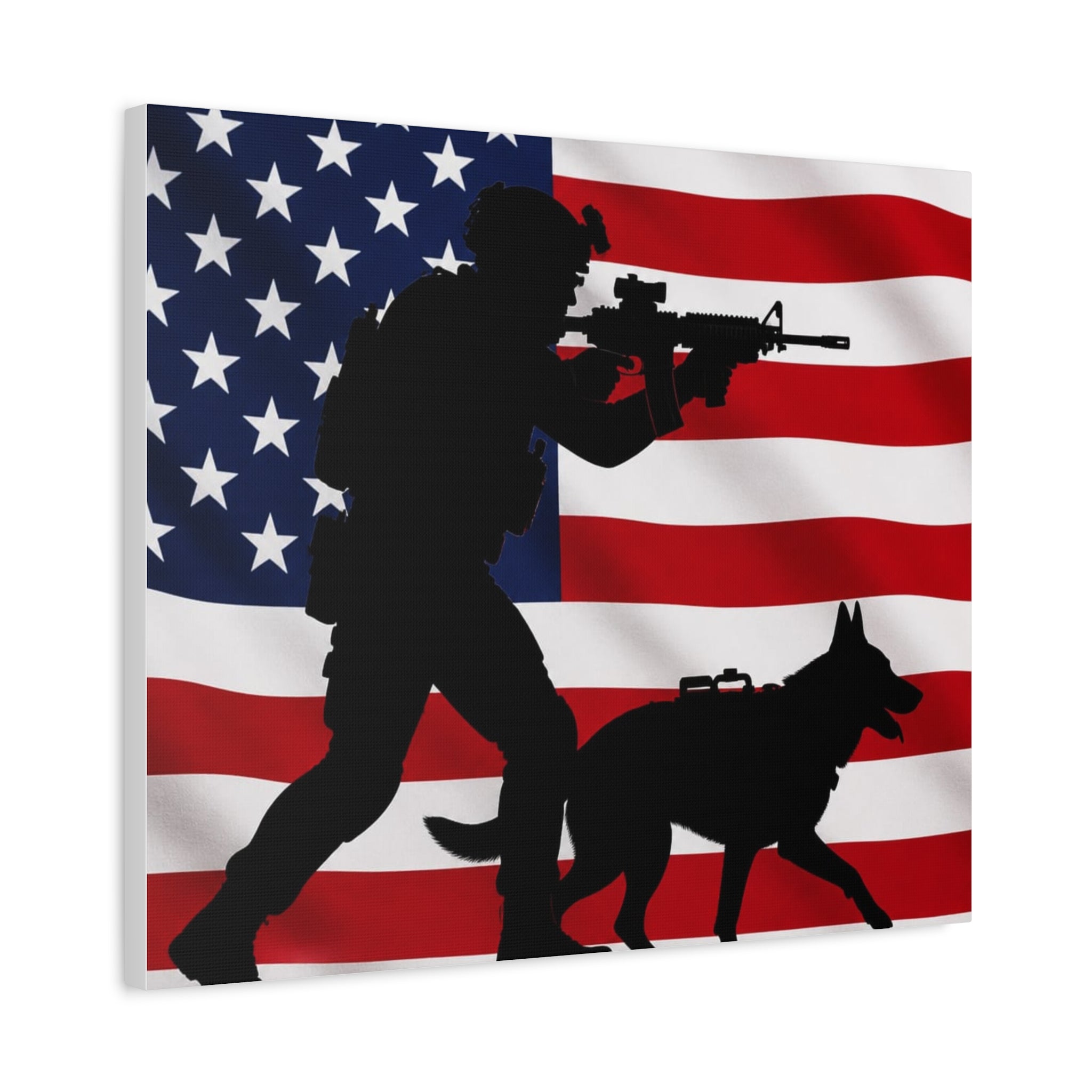 Patriotic Military K9 Canvas Wall Art — Soldier and Dog Silhouette with American Flag