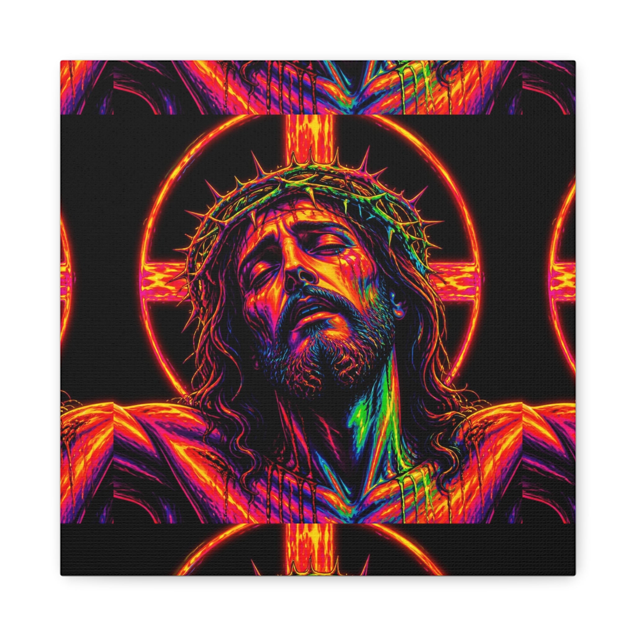 Neon Christ Crucifix Canvas Print — Vibrant Religious Wall Art
