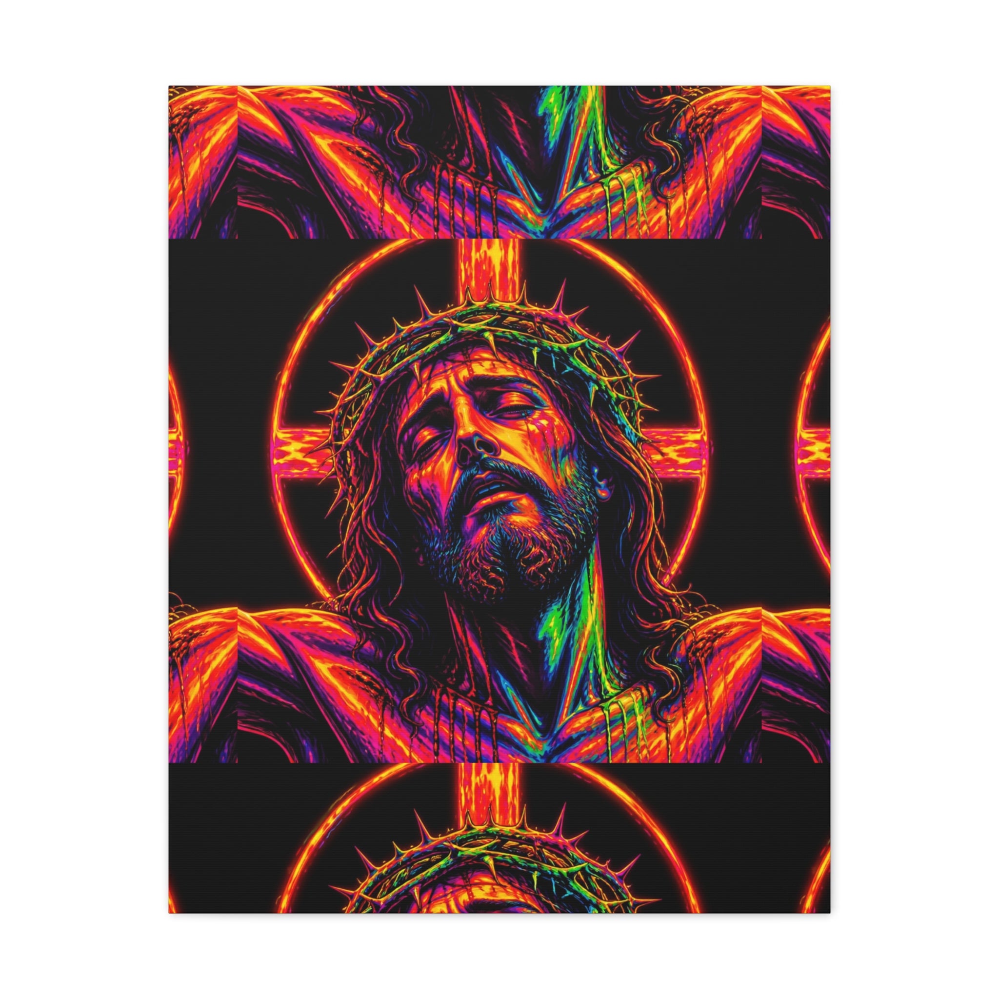 Neon Christ Crucifix Canvas Print — Vibrant Religious Wall Art
