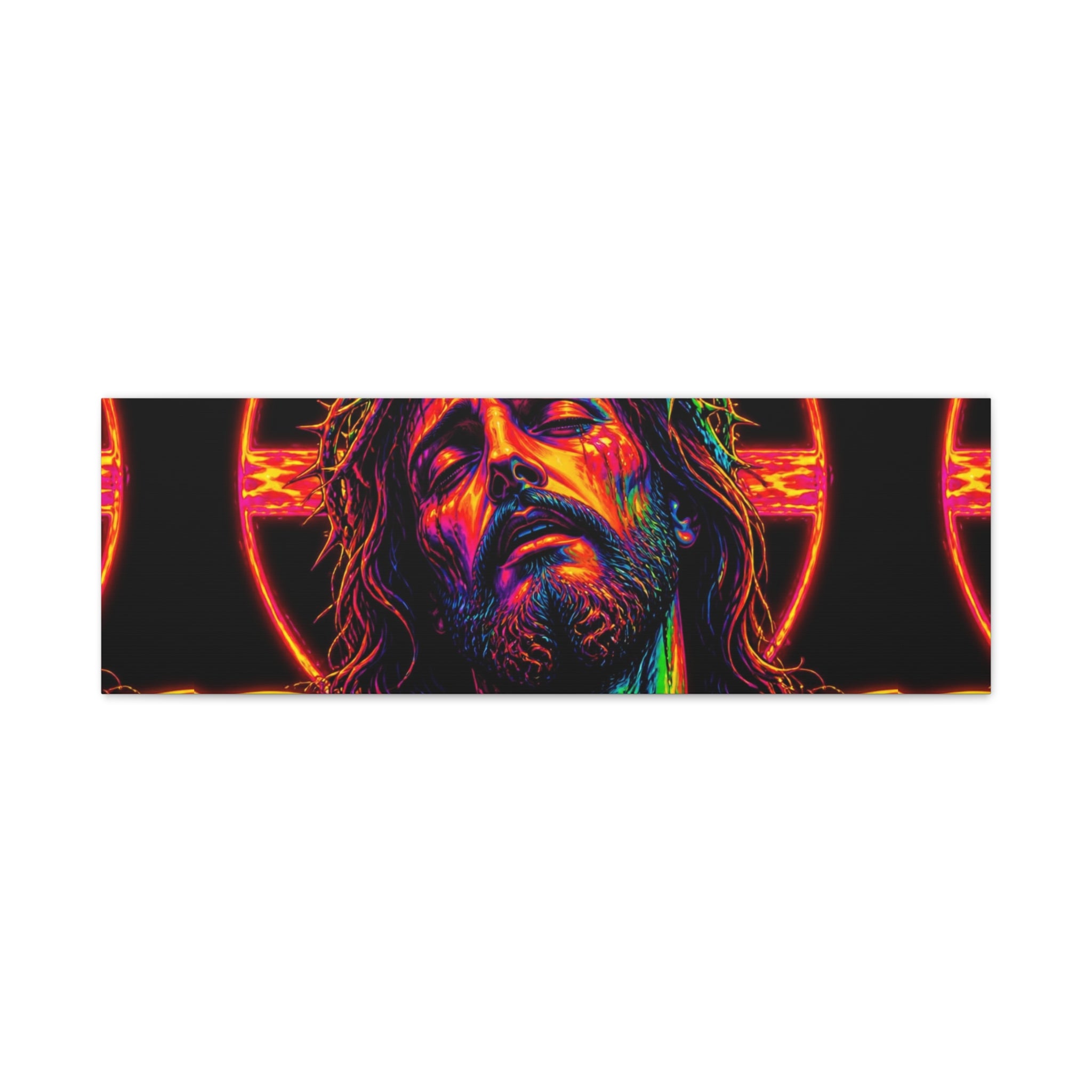 Neon Christ Crucifix Canvas Print — Vibrant Religious Wall Art