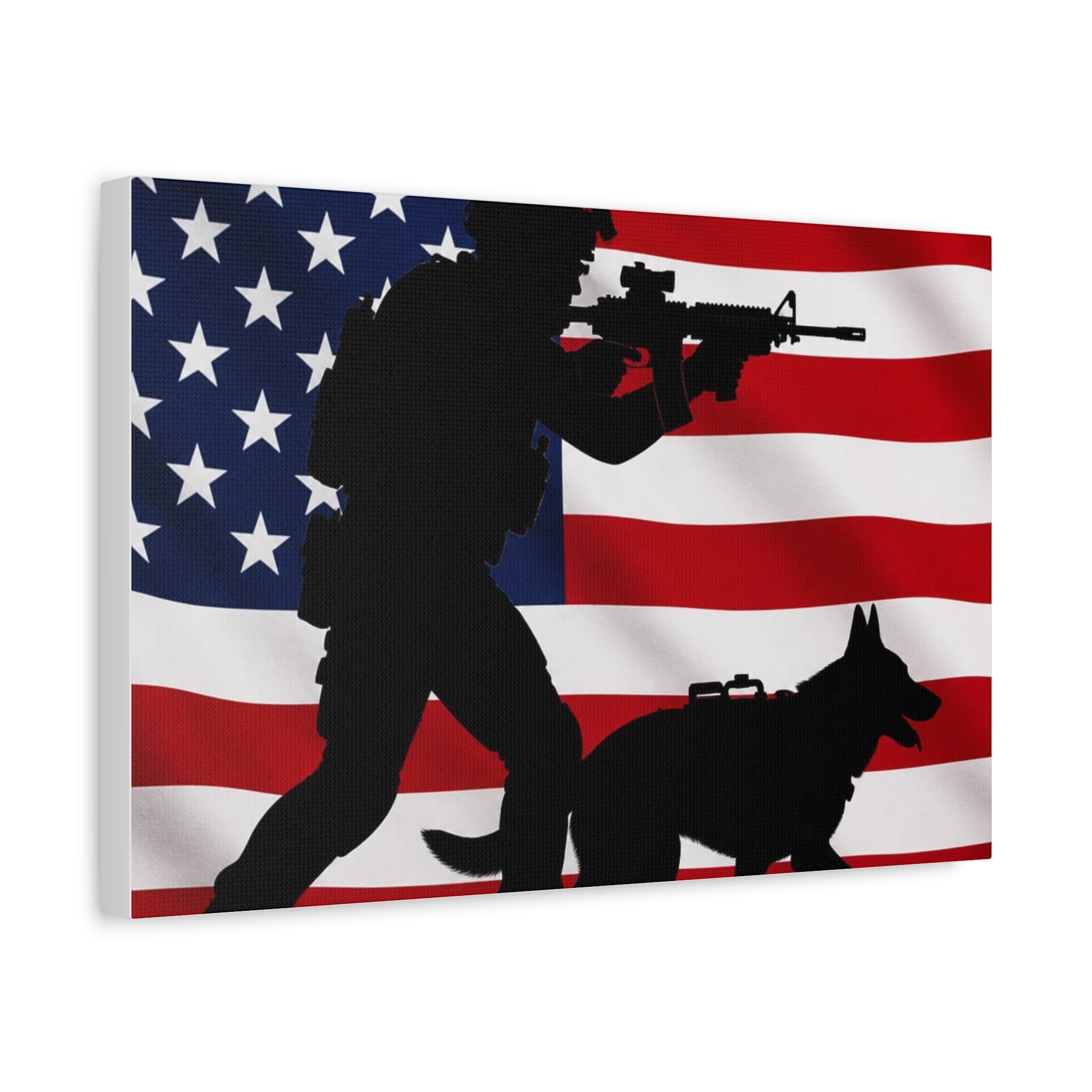 Patriotic Military K9 Canvas Wall Art — Soldier and Dog Silhouette with American Flag