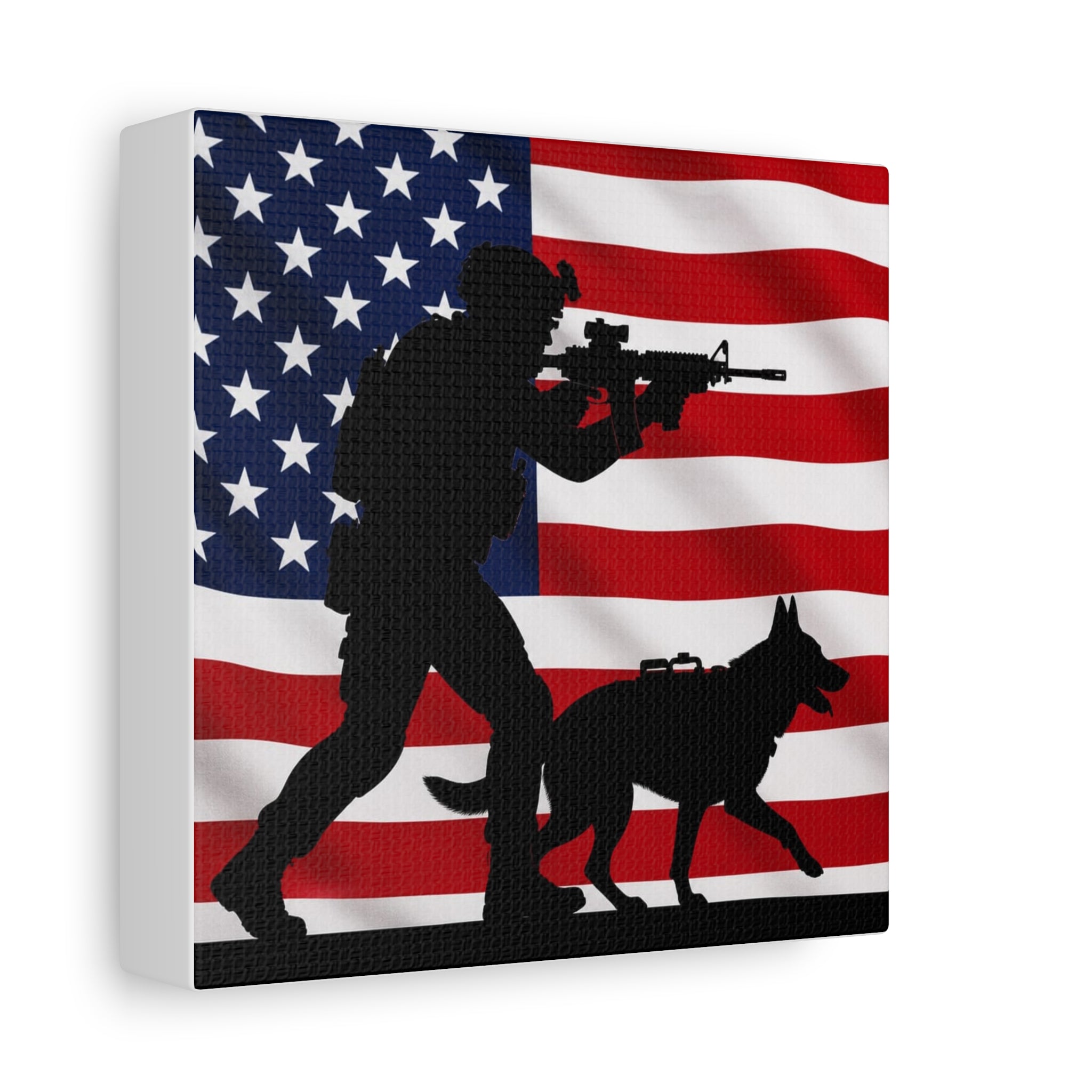 Patriotic Military K9 Canvas Wall Art — Soldier and Dog Silhouette with American Flag
