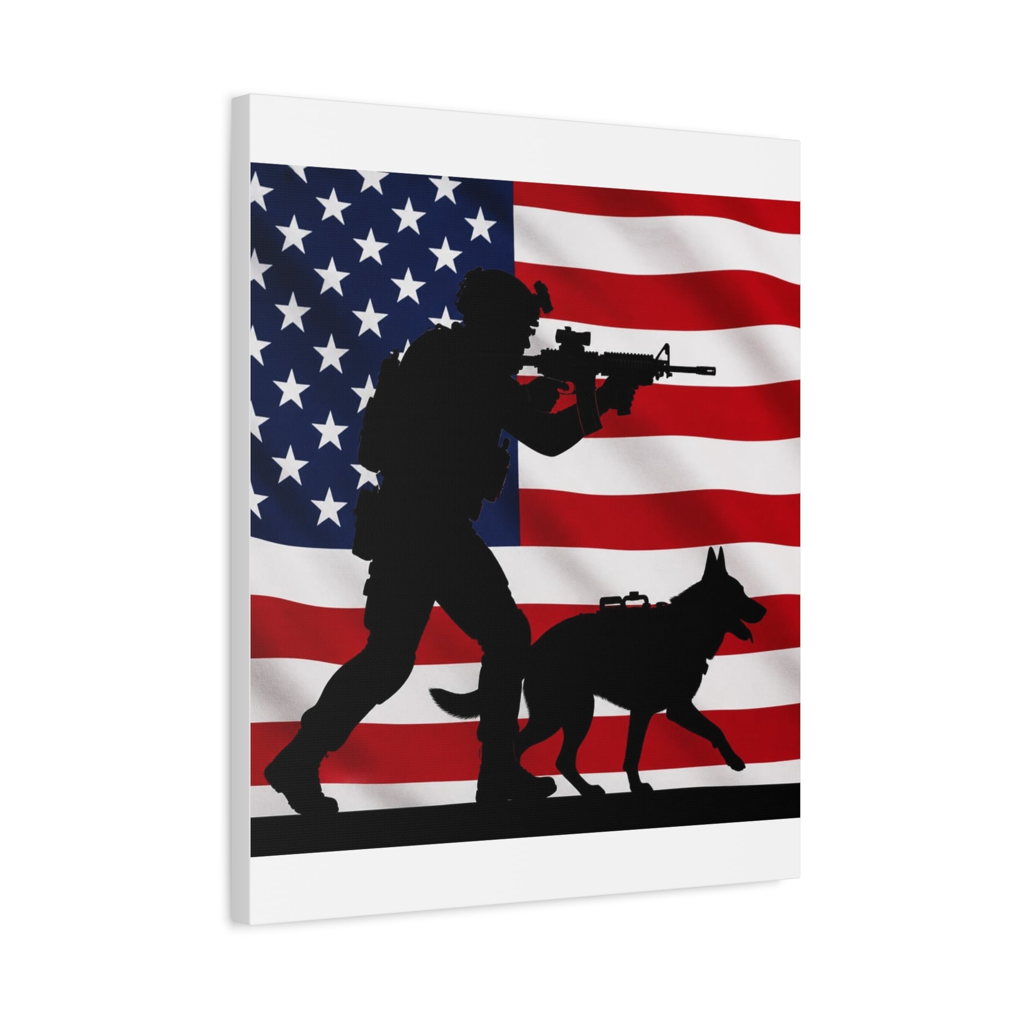 Patriotic Military K9 Canvas Wall Art — Soldier and Dog Silhouette with American Flag