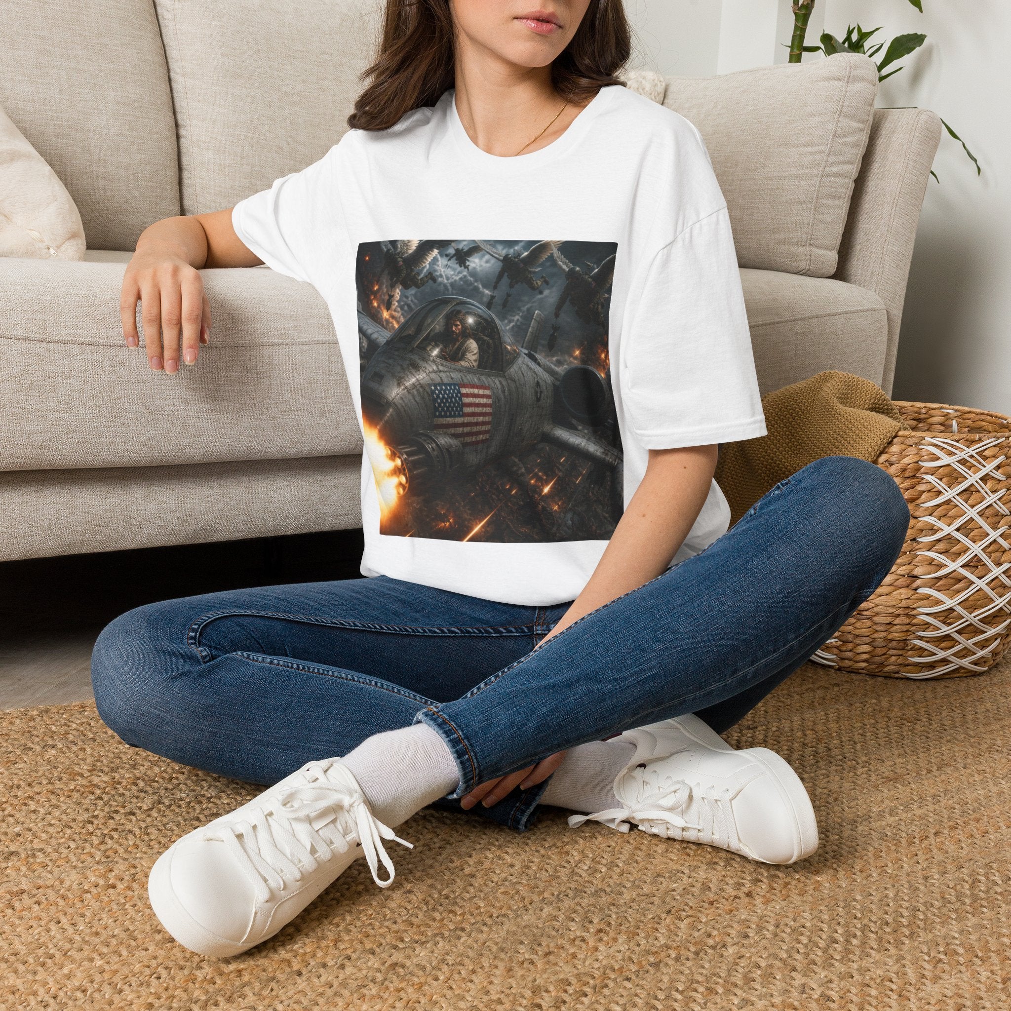 Jesus Military Pilot T‑Shirt — Vintage Jetfighter Scene with American Flag