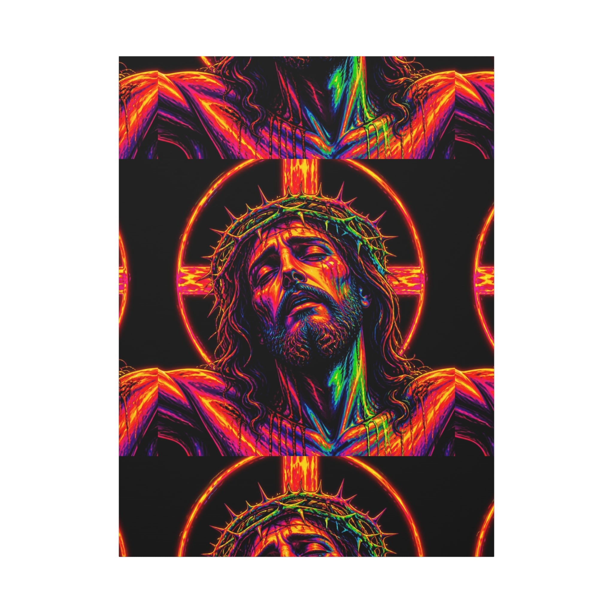 Neon Christ Crucifix Canvas Print — Vibrant Religious Wall Art