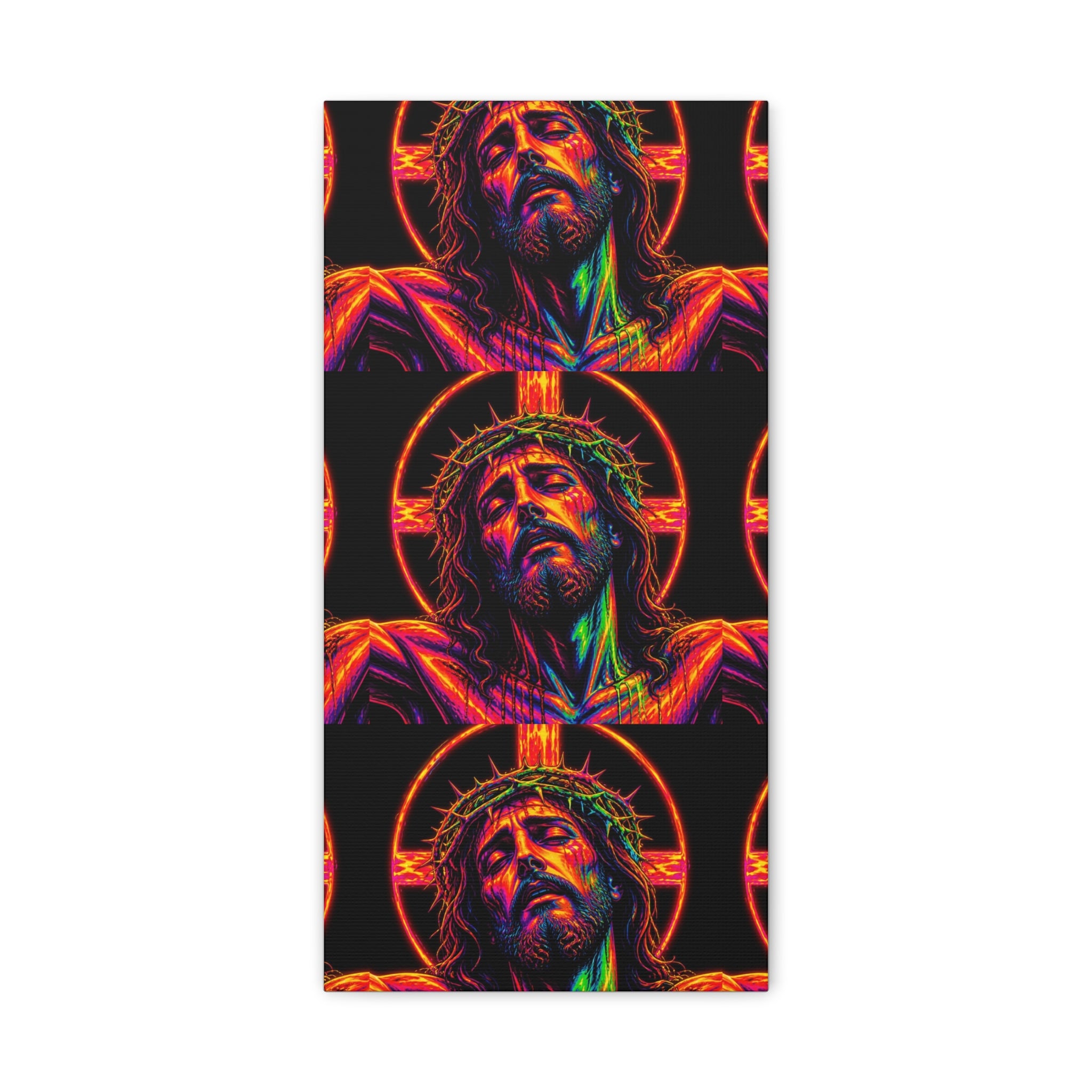 Neon Christ Crucifix Canvas Print — Vibrant Religious Wall Art