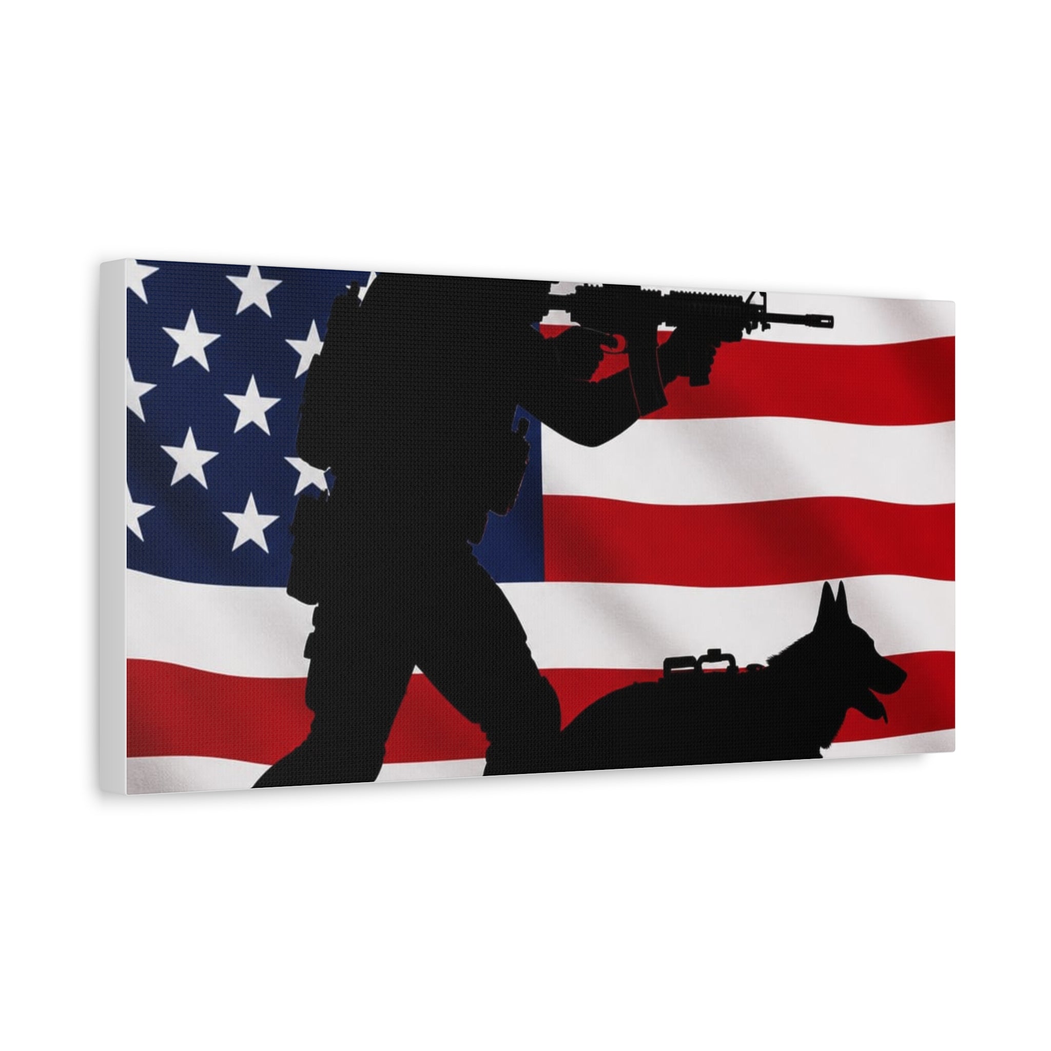 Patriotic Military K9 Canvas Wall Art — Soldier and Dog Silhouette with American Flag