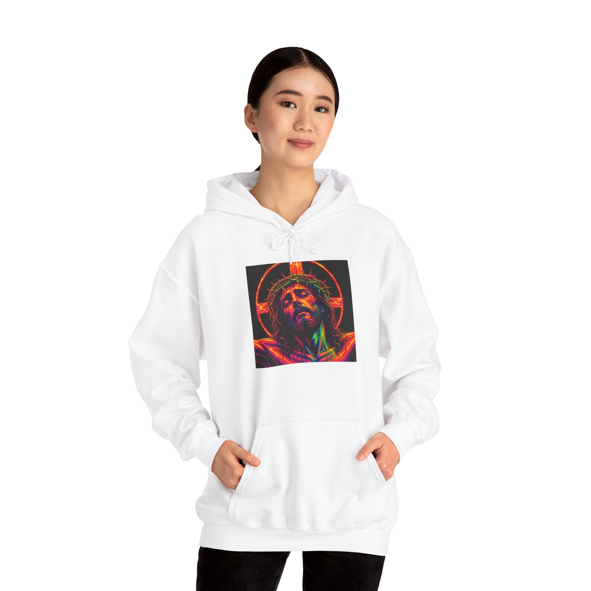 Jesus Portrait Hoodie — Neon Sacred Heart Graphic Hooded Sweatshirt