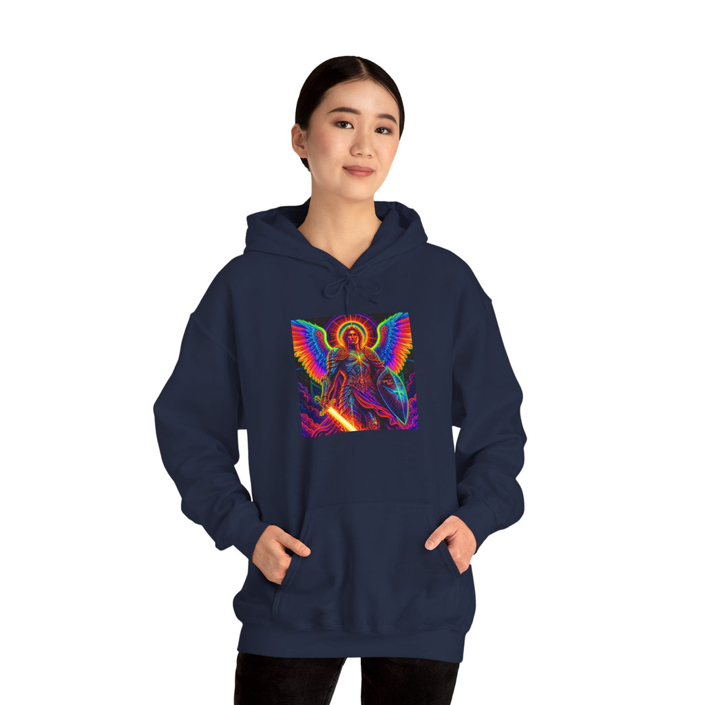 Psychedelic Angel Hoodie — Neon Rainbow Guardian Graphic Sweatshirt