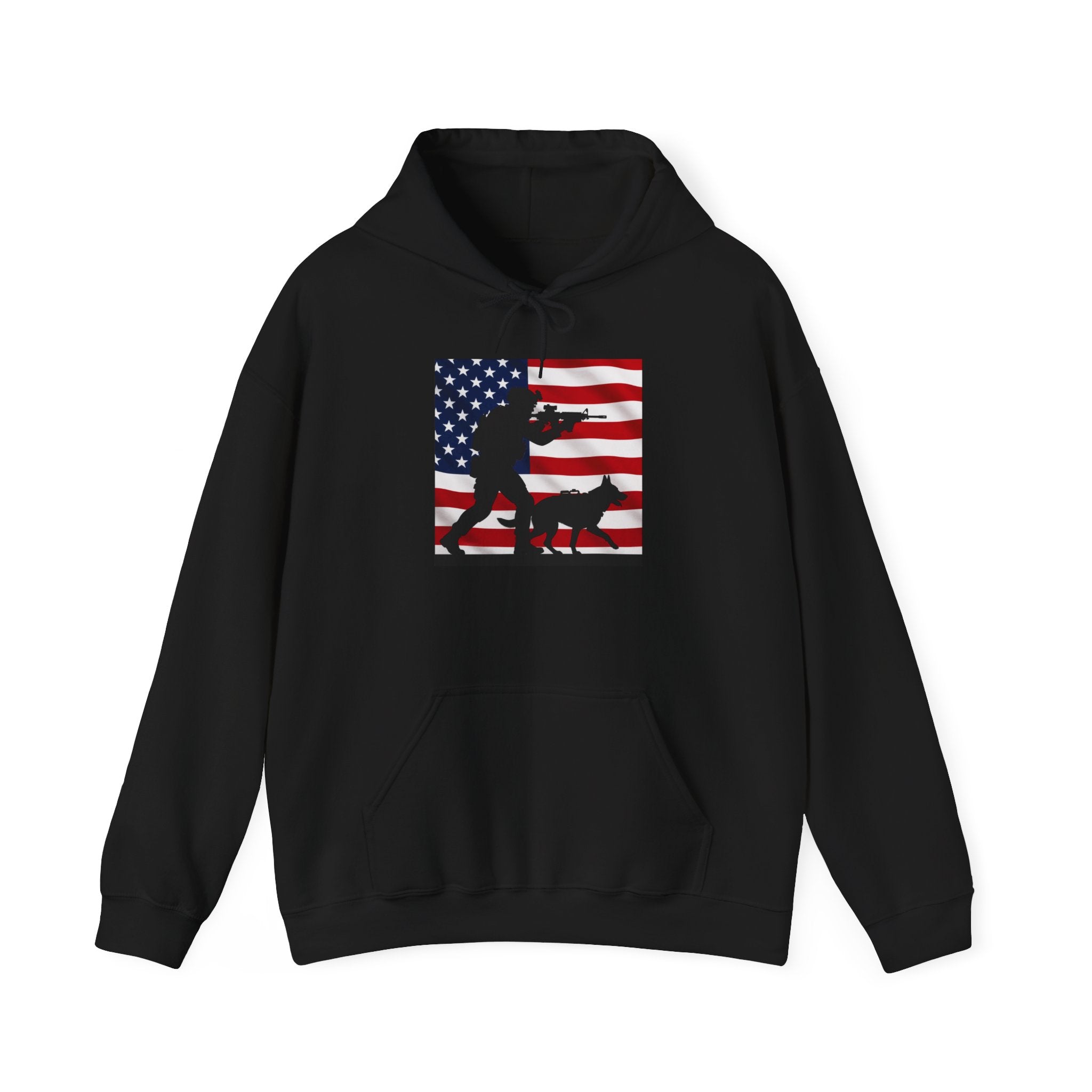 American K9 Handler Hoodie — US Flag Dog Silhouette Patriotic Sweatshirt