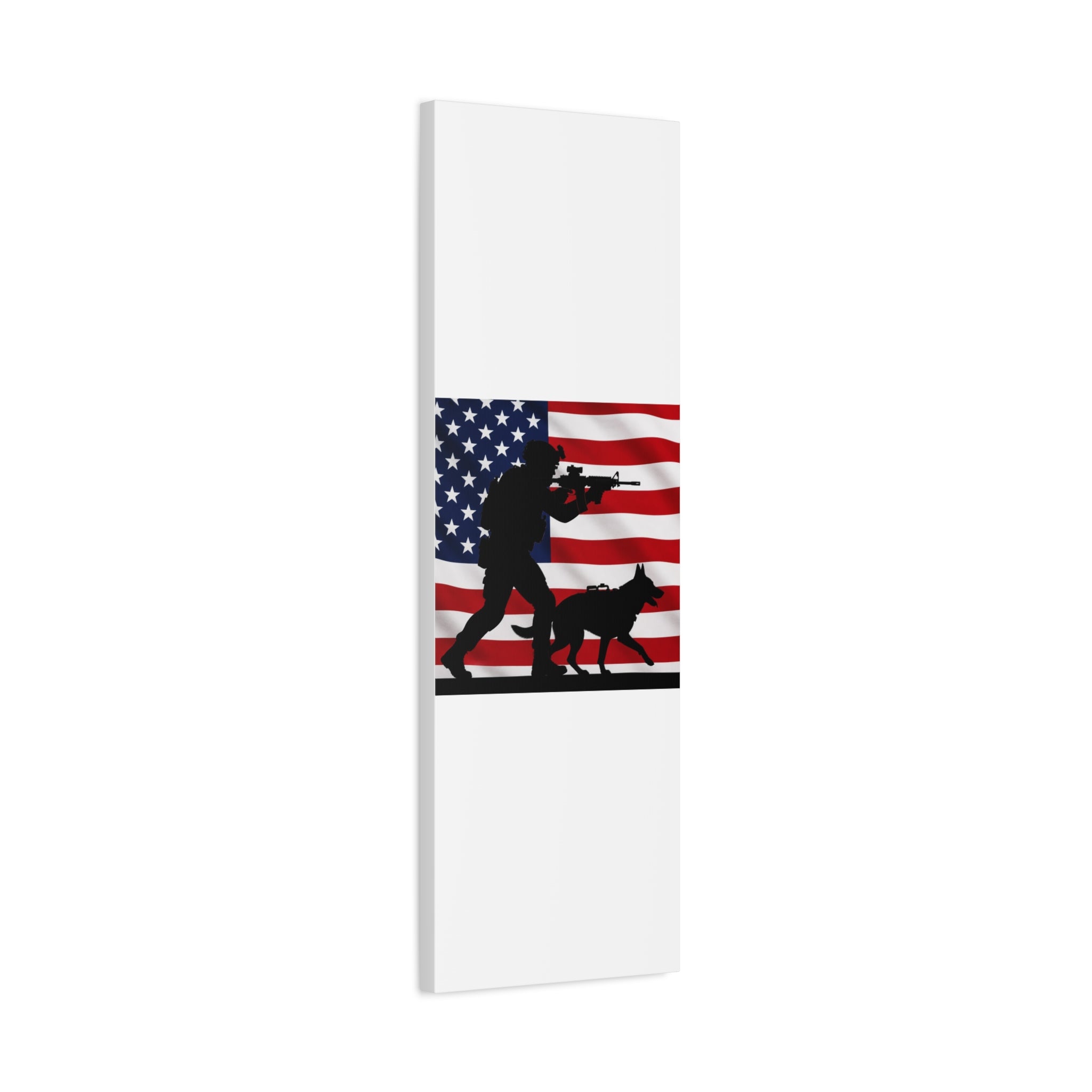 Patriotic Military K9 Canvas Wall Art — Soldier and Dog Silhouette with American Flag