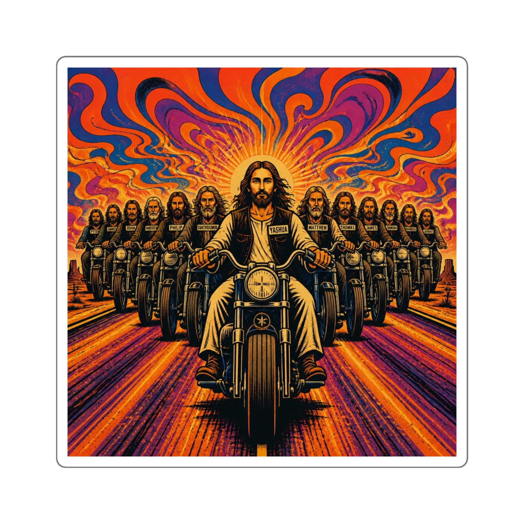 Psychedelic Biker Jesus Square Sticker — Retro Motorcycle Faith Art
