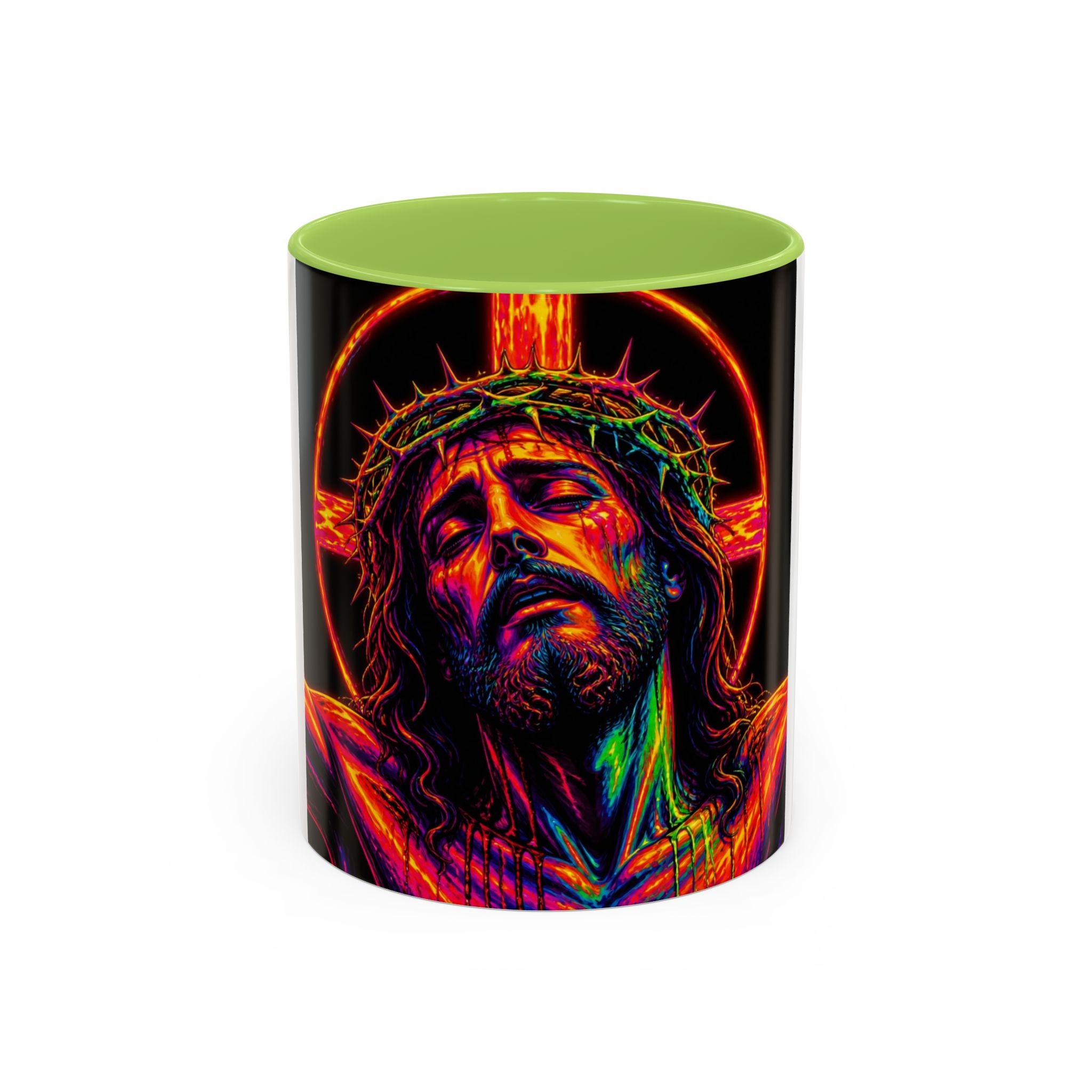 Jesus Christ Neon Portrait Coffee Mug — Colorful Crucifixion Accent Mug (11/15oz)