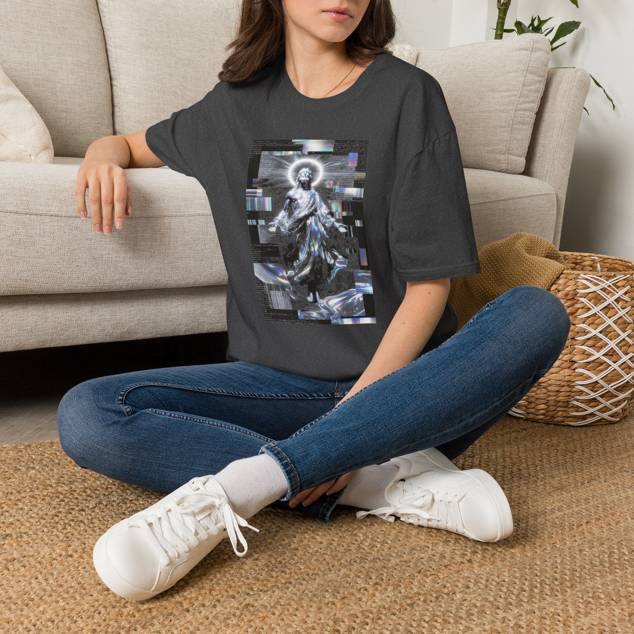 Glitch Halo Jesus T-Shirt — Vintage Religious Retro Digital Art Tee