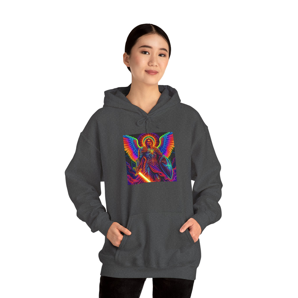 Psychedelic Angel Hoodie — Neon Rainbow Guardian Graphic Sweatshirt