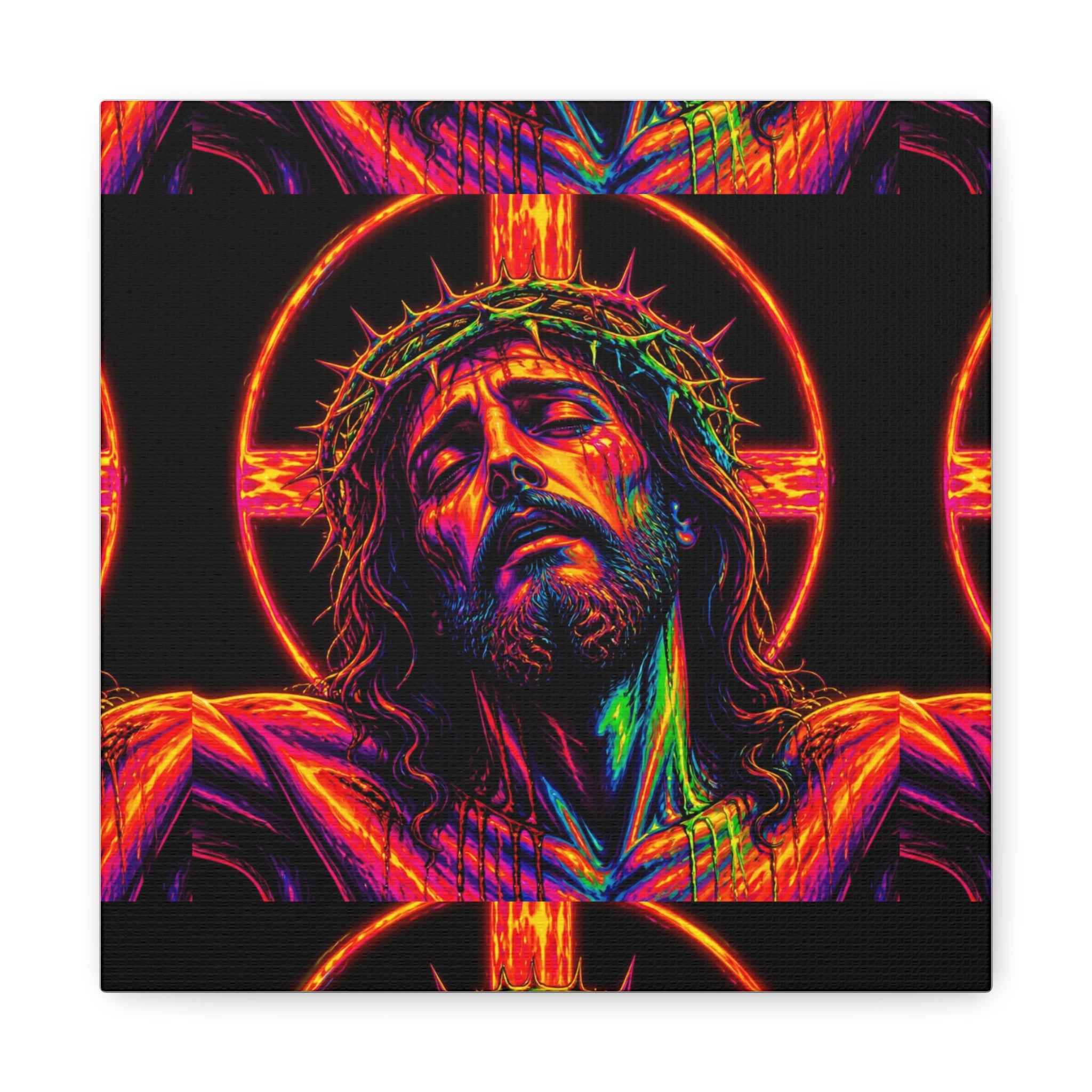 Neon Christ Crucifix Canvas Print — Vibrant Religious Wall Art