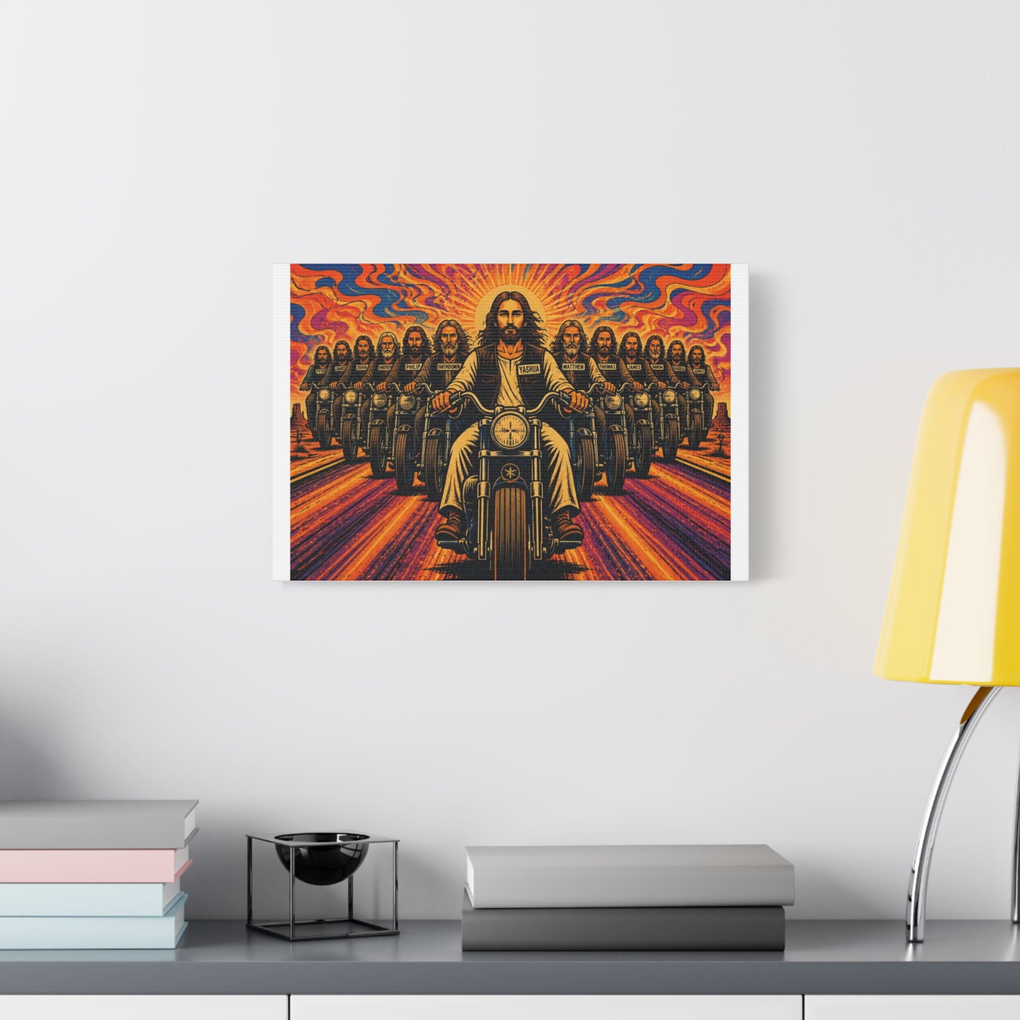 Motorcycle Jesus Canvas Print — Psychedelic Biker Wall Art