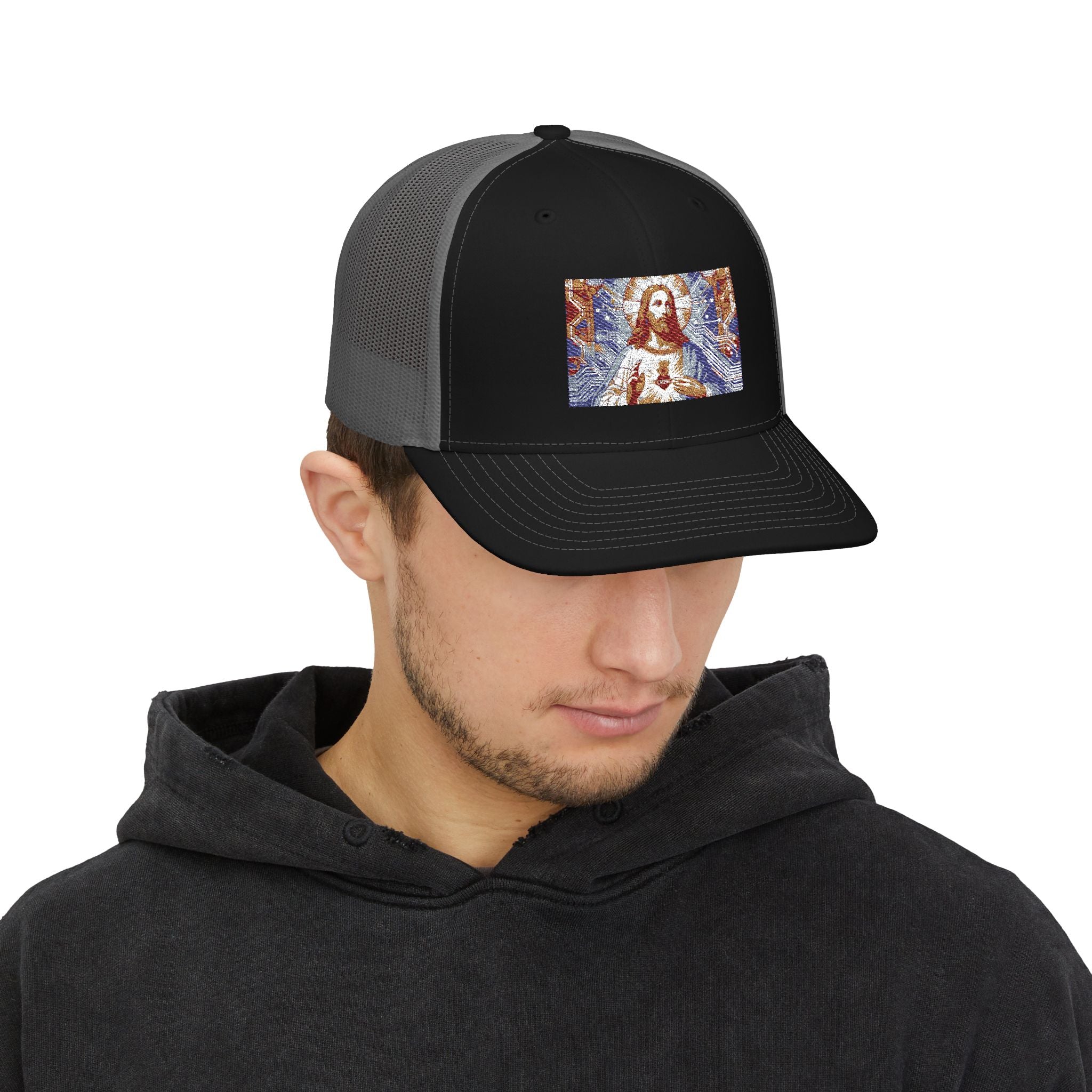 Religious Trucker Cap — Mosaic Sacred Heart Patch Snapback