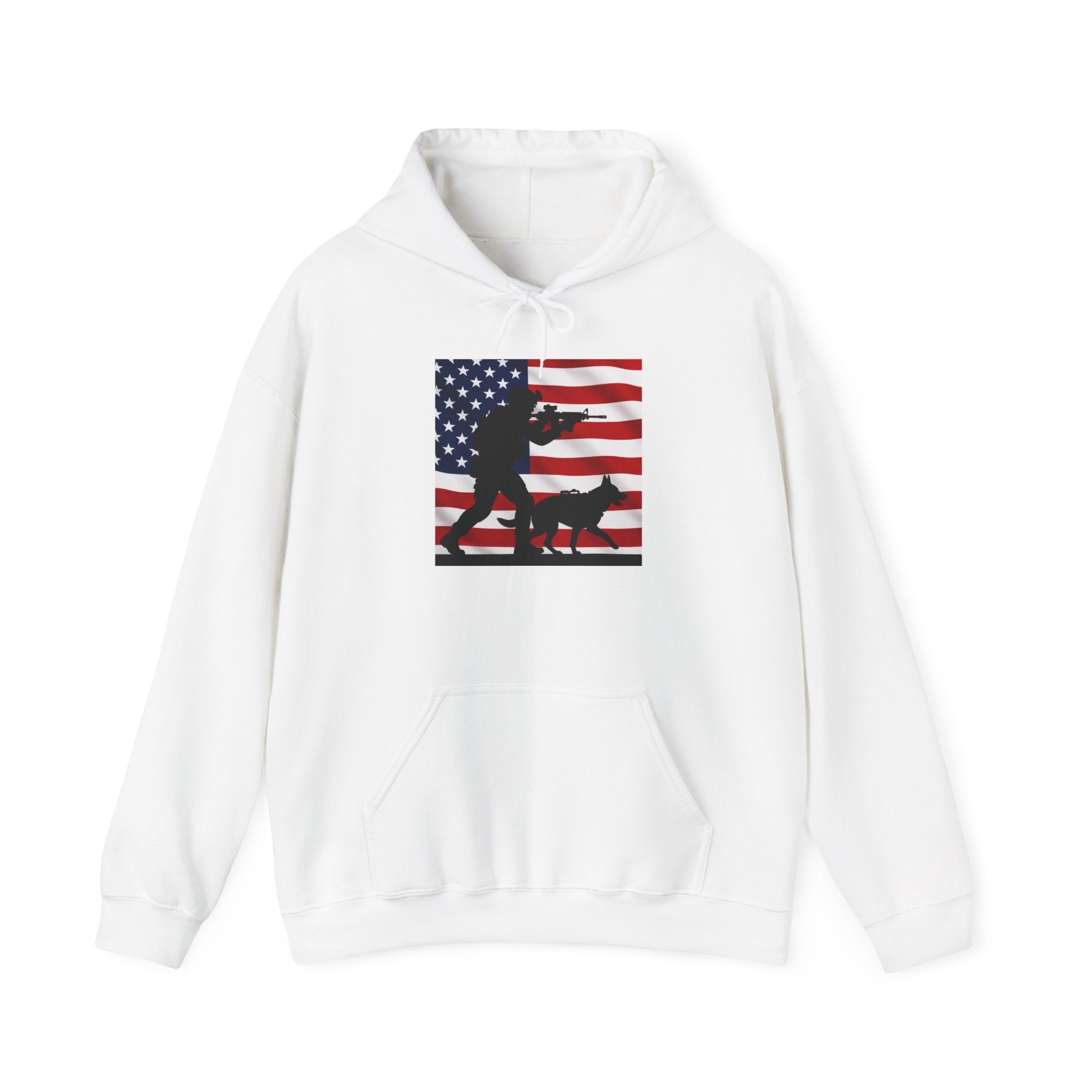 American K9 Handler Hoodie — US Flag Dog Silhouette Patriotic Sweatshirt