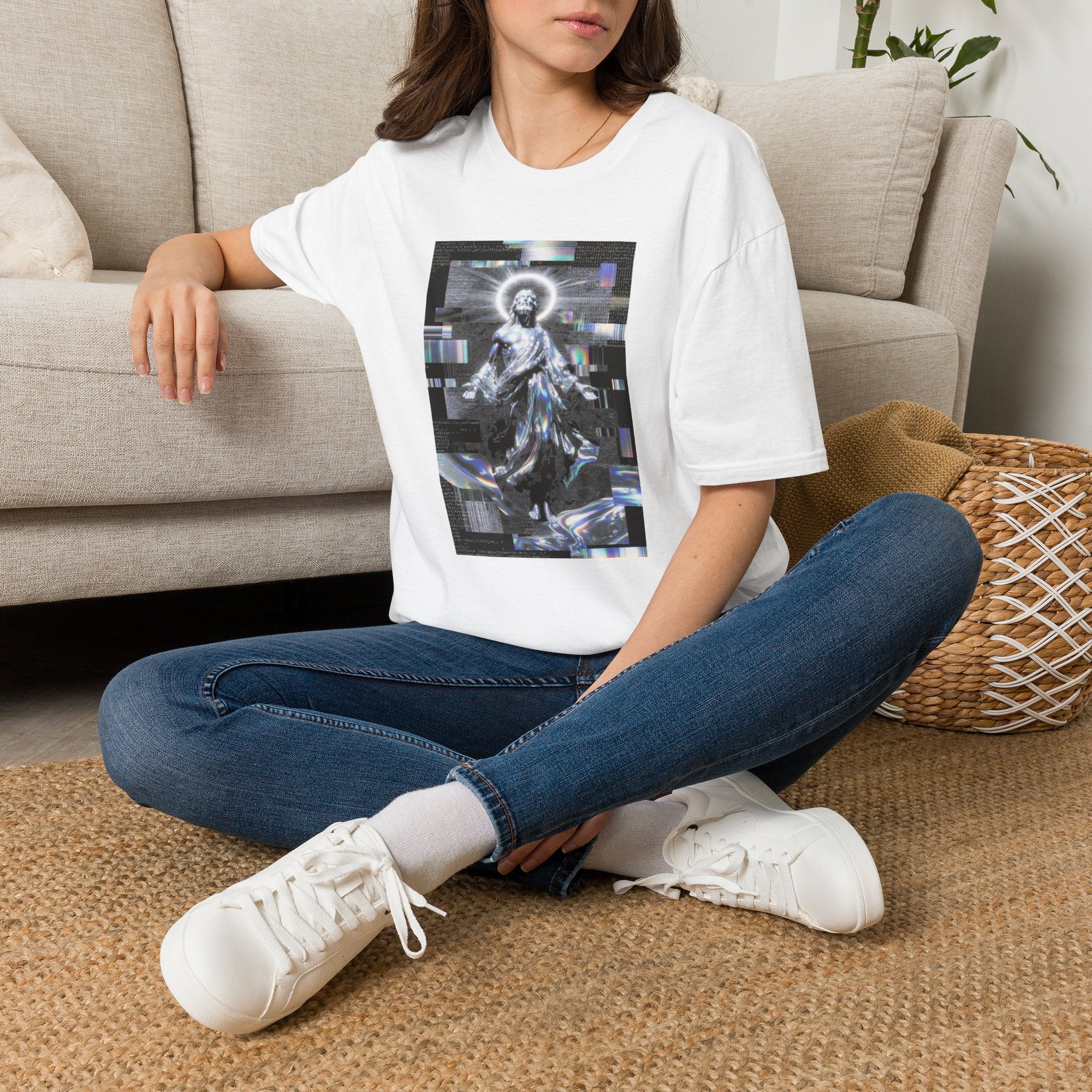 Glitch Halo Jesus T-Shirt — Vintage Religious Retro Digital Art Tee