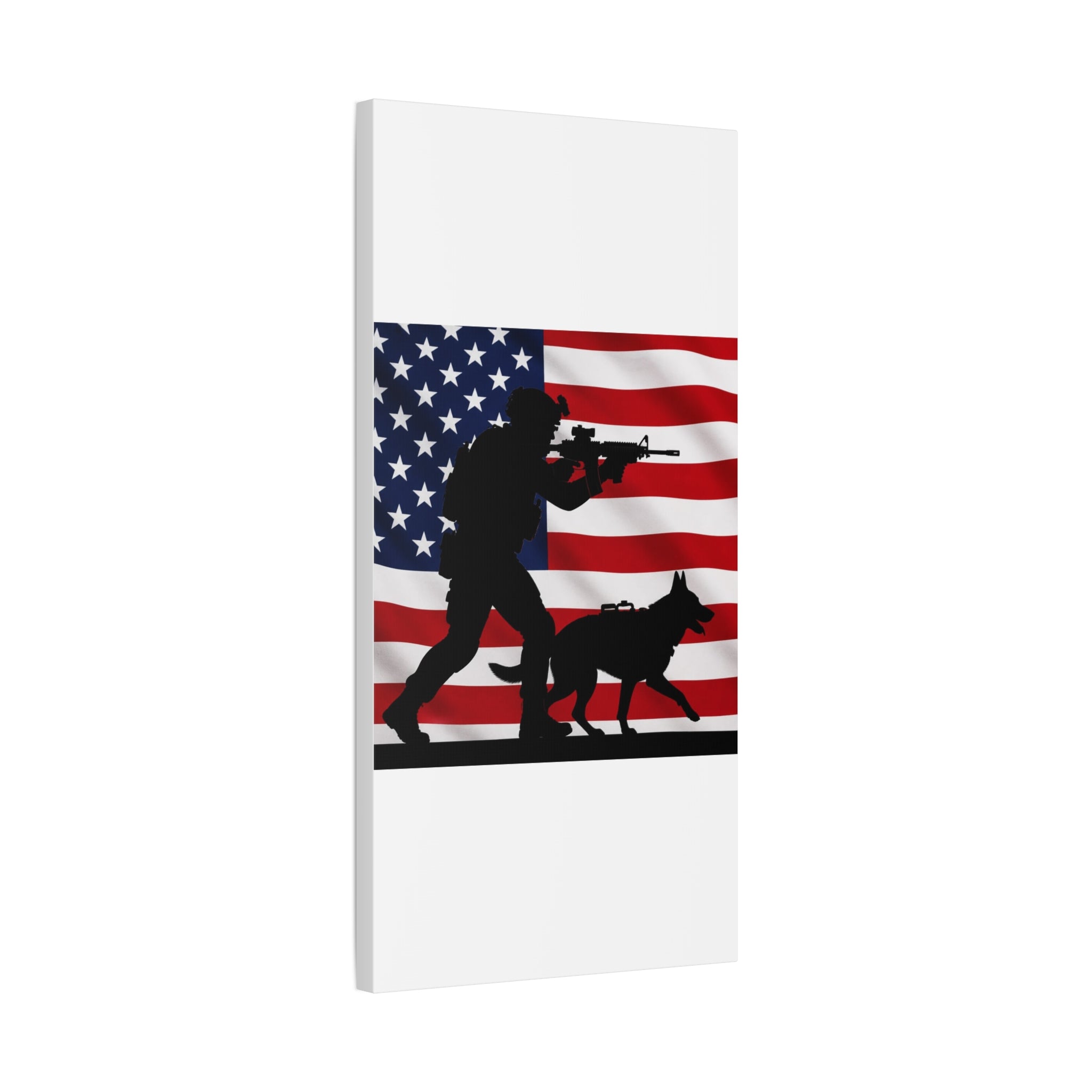 Patriotic Military K9 Canvas Wall Art — Soldier and Dog Silhouette with American Flag