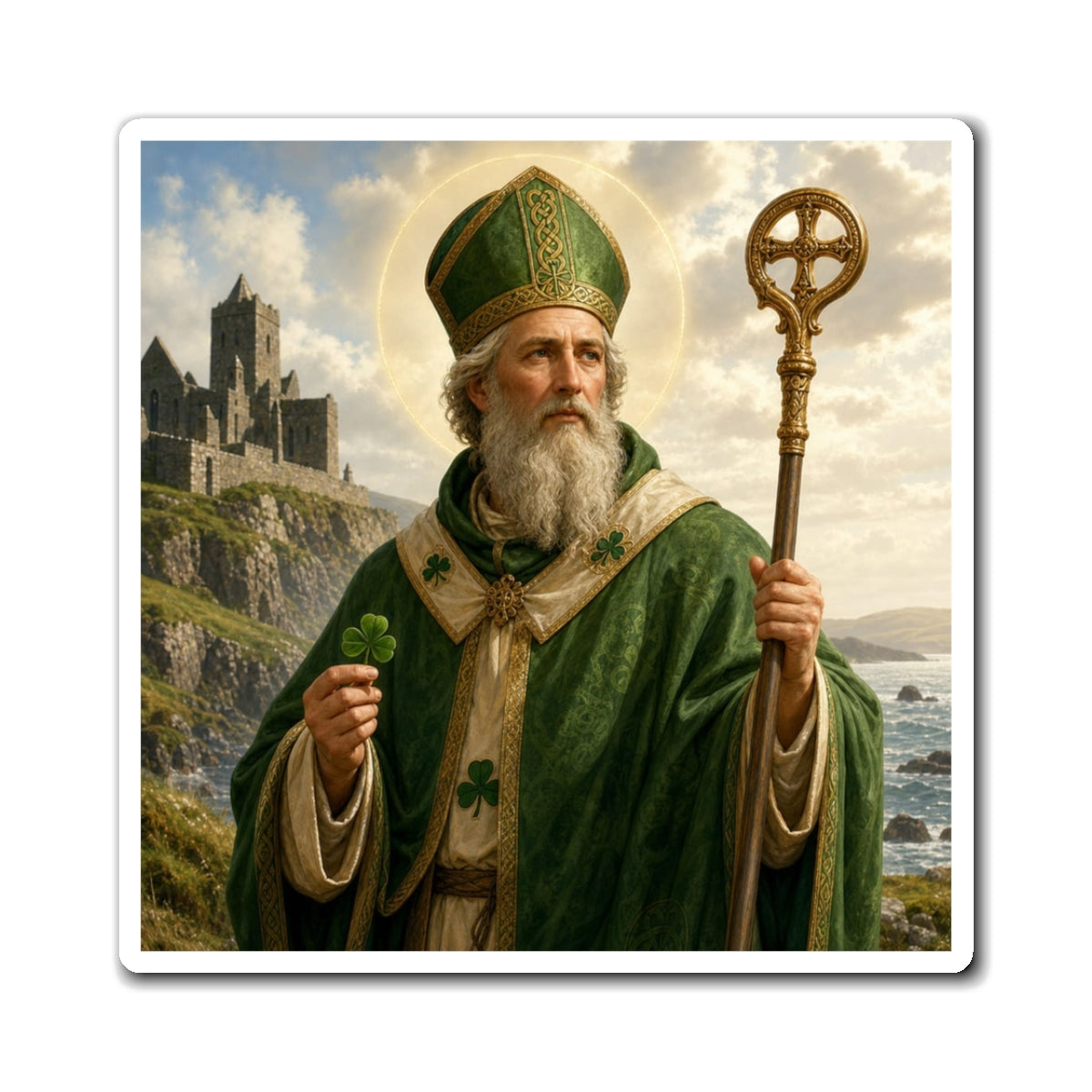 Saint Patrick Magnet — Irish Catholic Saint Fridge Magnet, Shamrock & Celtic Cross Decor