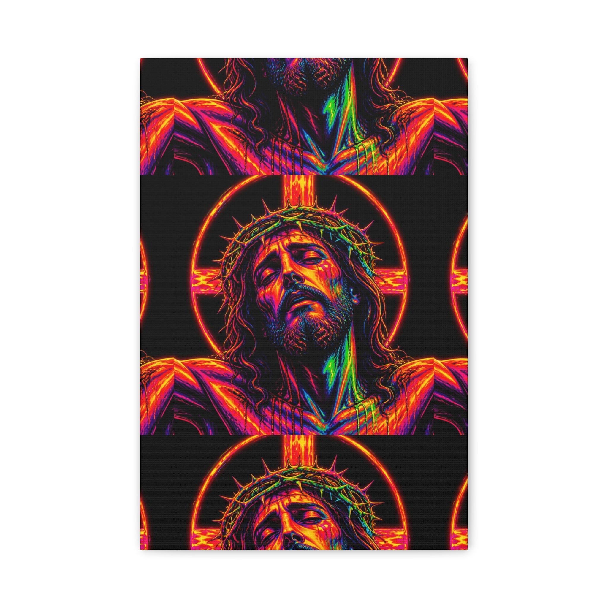 Neon Christ Crucifix Canvas Print — Vibrant Religious Wall Art