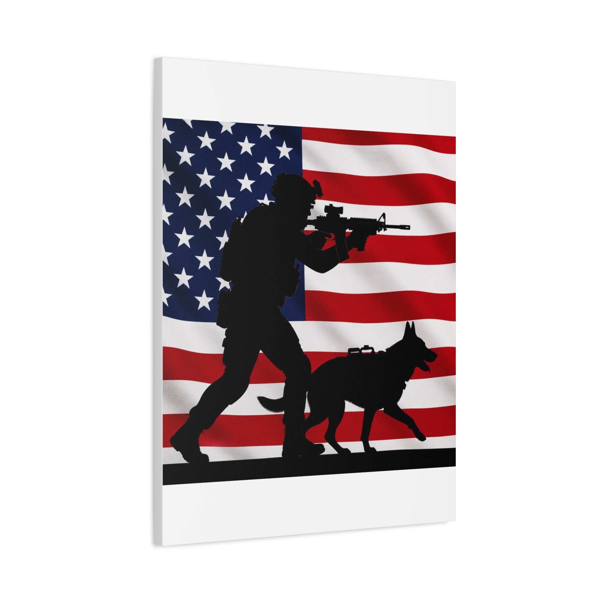 Patriotic Military K9 Canvas Wall Art — Soldier and Dog Silhouette with American Flag