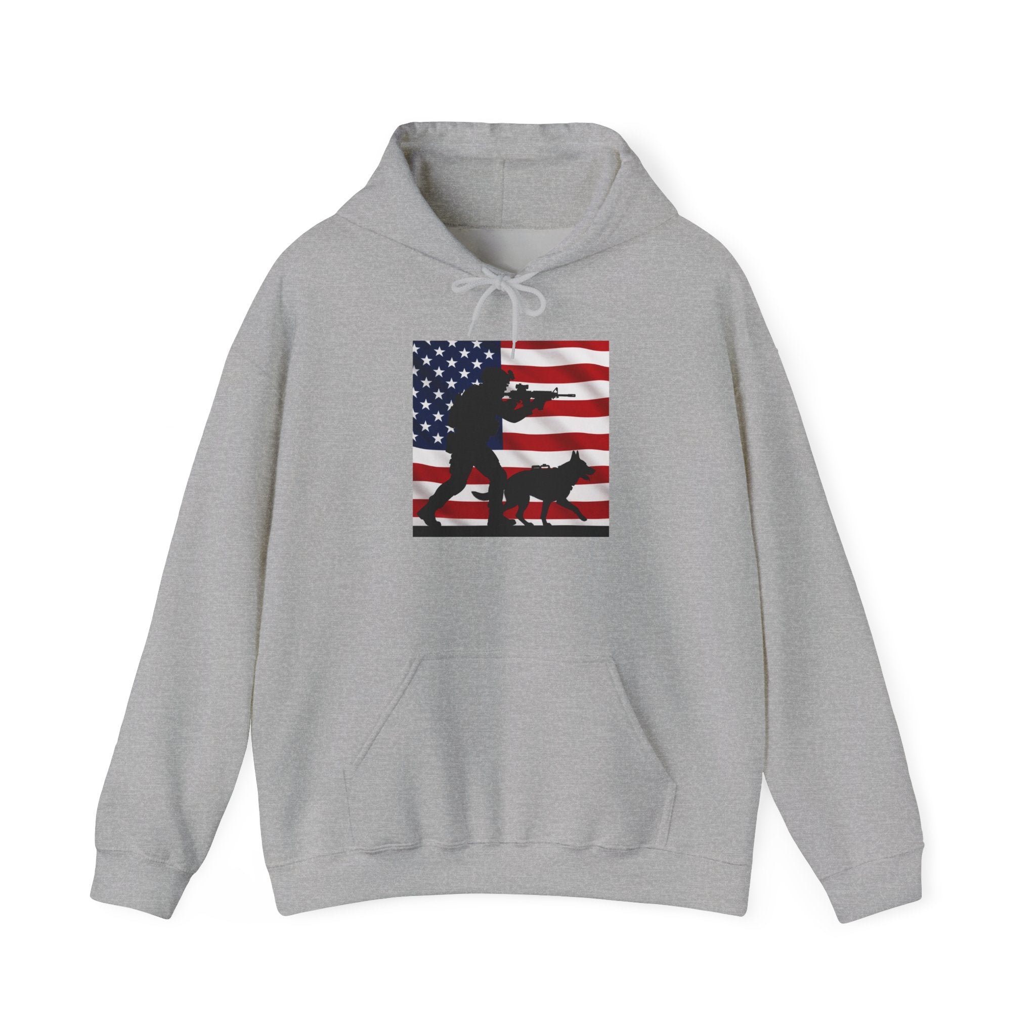 American K9 Handler Hoodie — US Flag Dog Silhouette Patriotic Sweatshirt