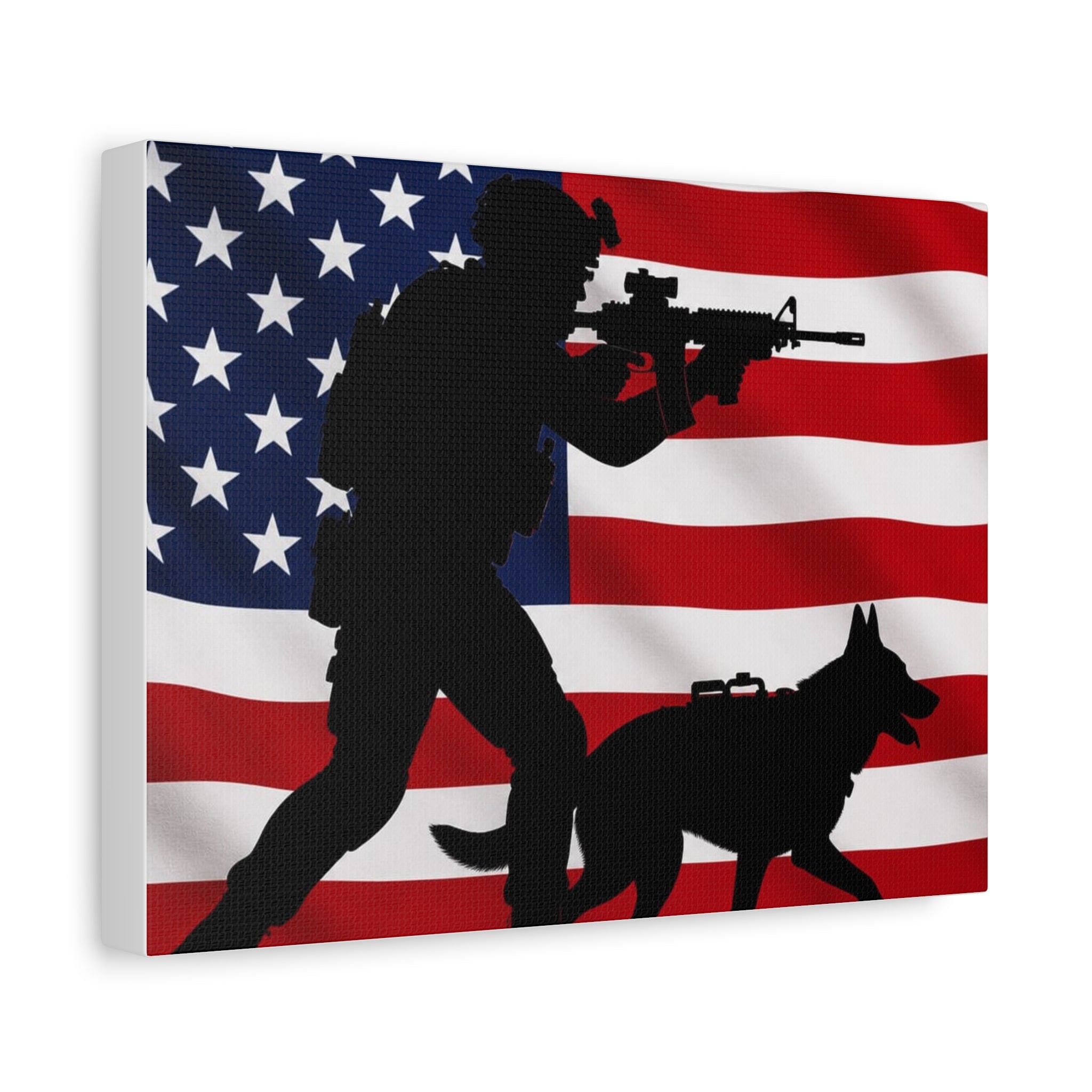 Patriotic Military K9 Canvas Wall Art — Soldier and Dog Silhouette with American Flag