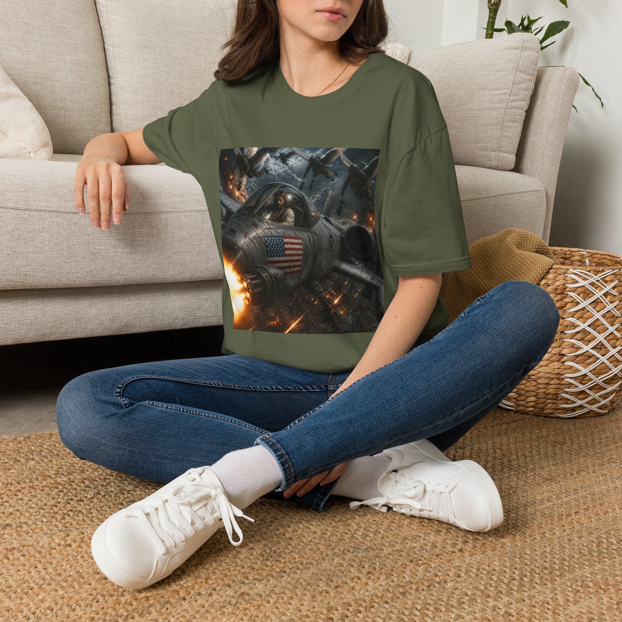 Jesus Military Pilot T‑Shirt — Vintage Jetfighter Scene with American Flag