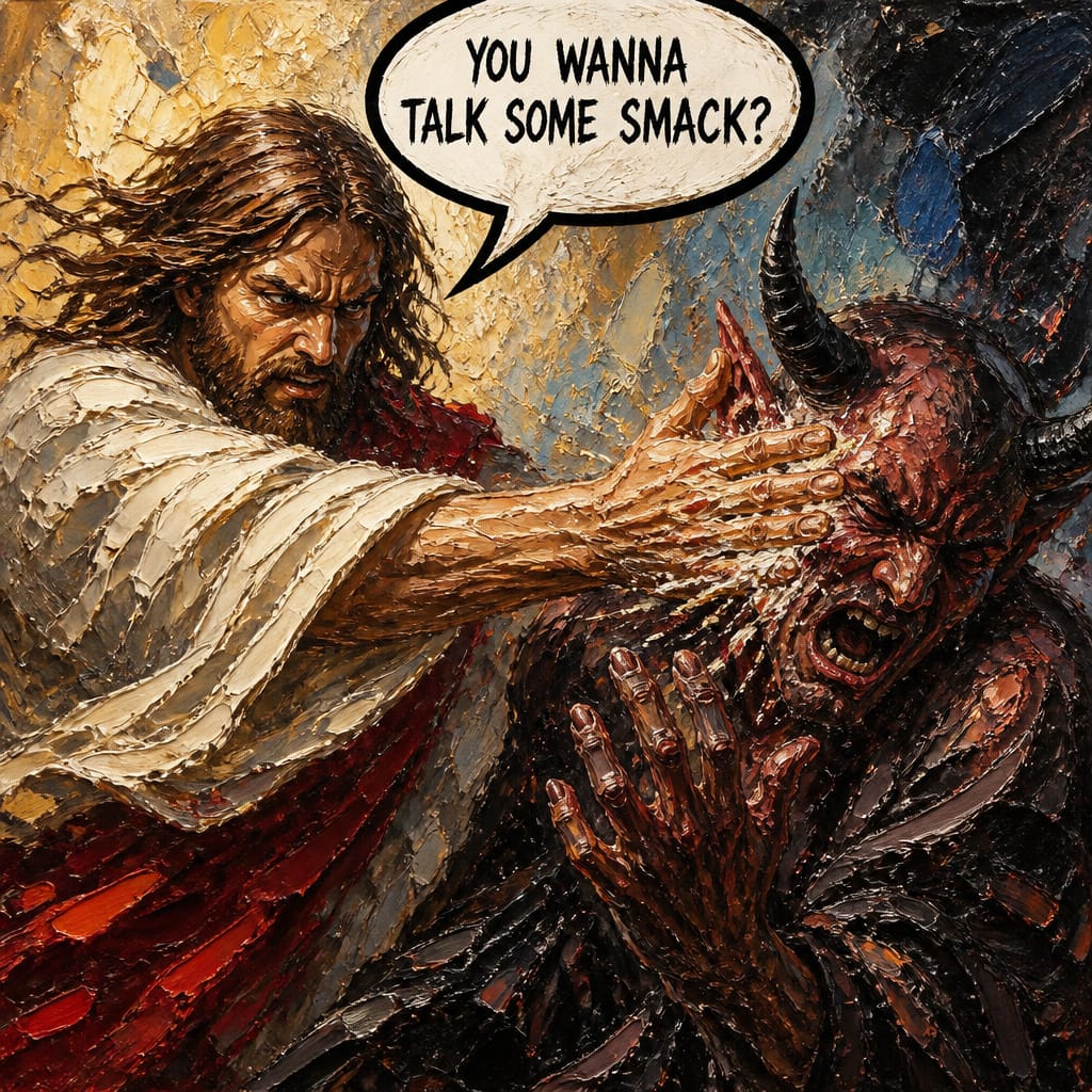 You want to talk smack? Jesus slapping the devil. For my brother Oscar