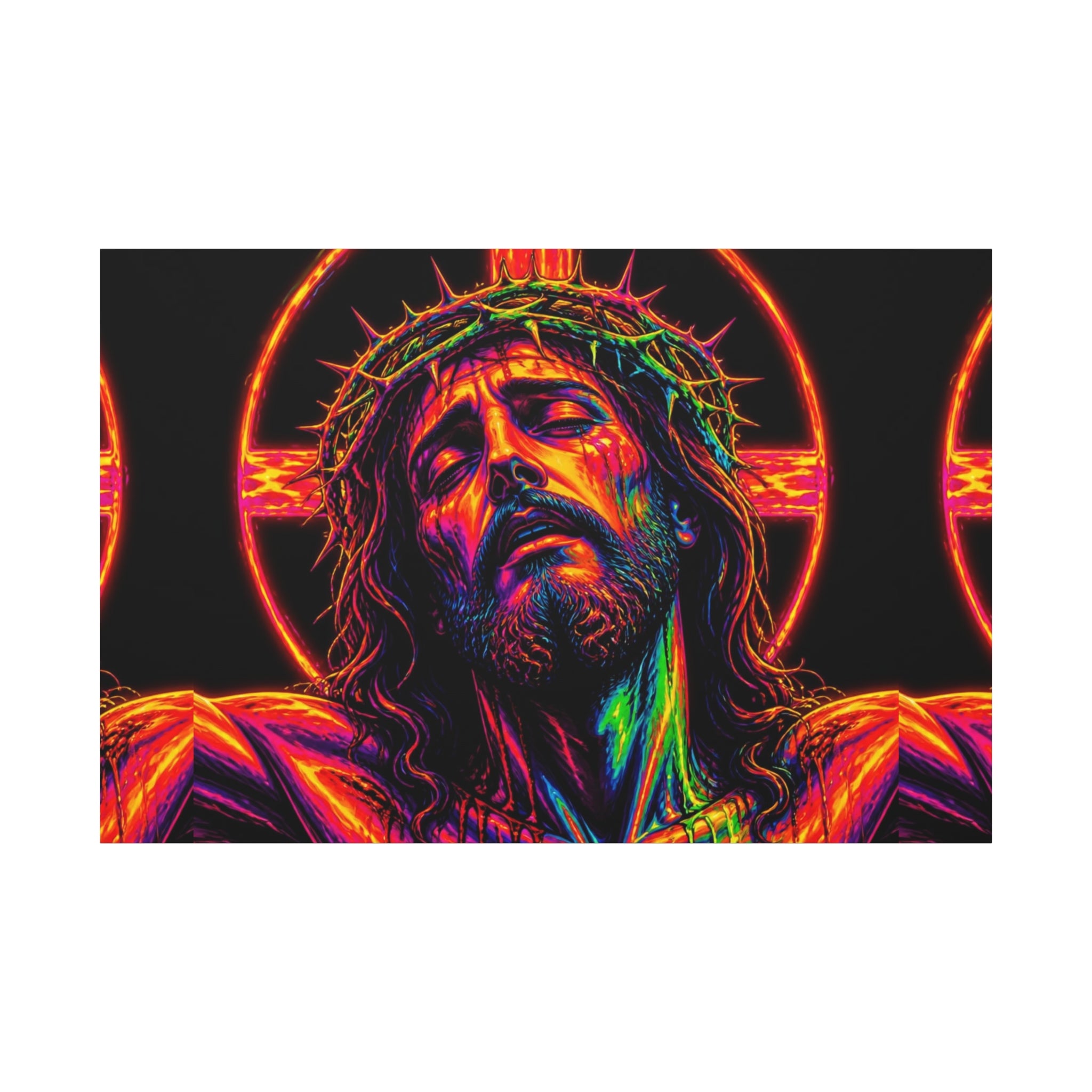 Neon Christ Crucifix Canvas Print — Vibrant Religious Wall Art