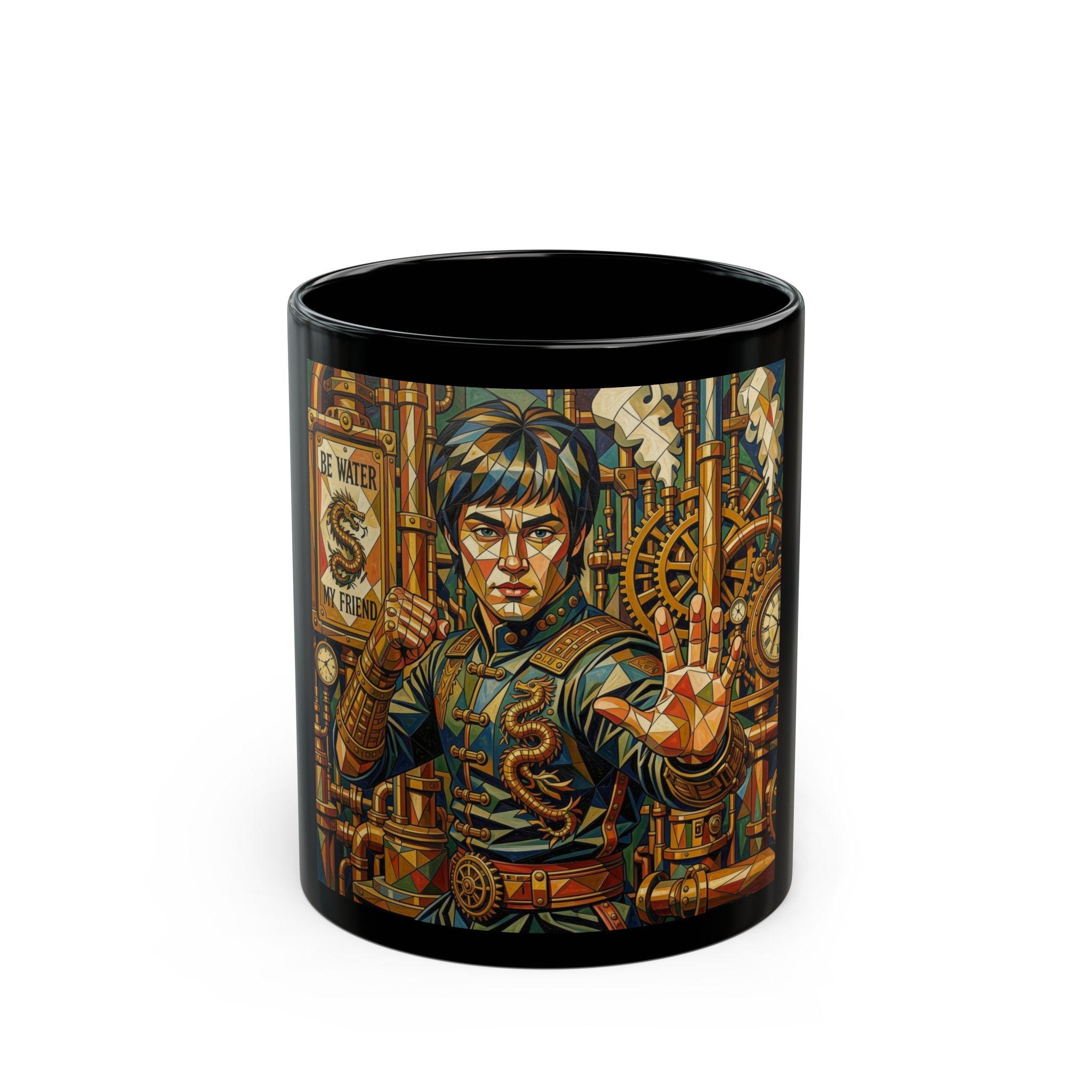 Steampunk Bruce Lee Black Mug – Mechanical Gears Art Coffee Cup (11oz/15oz)
