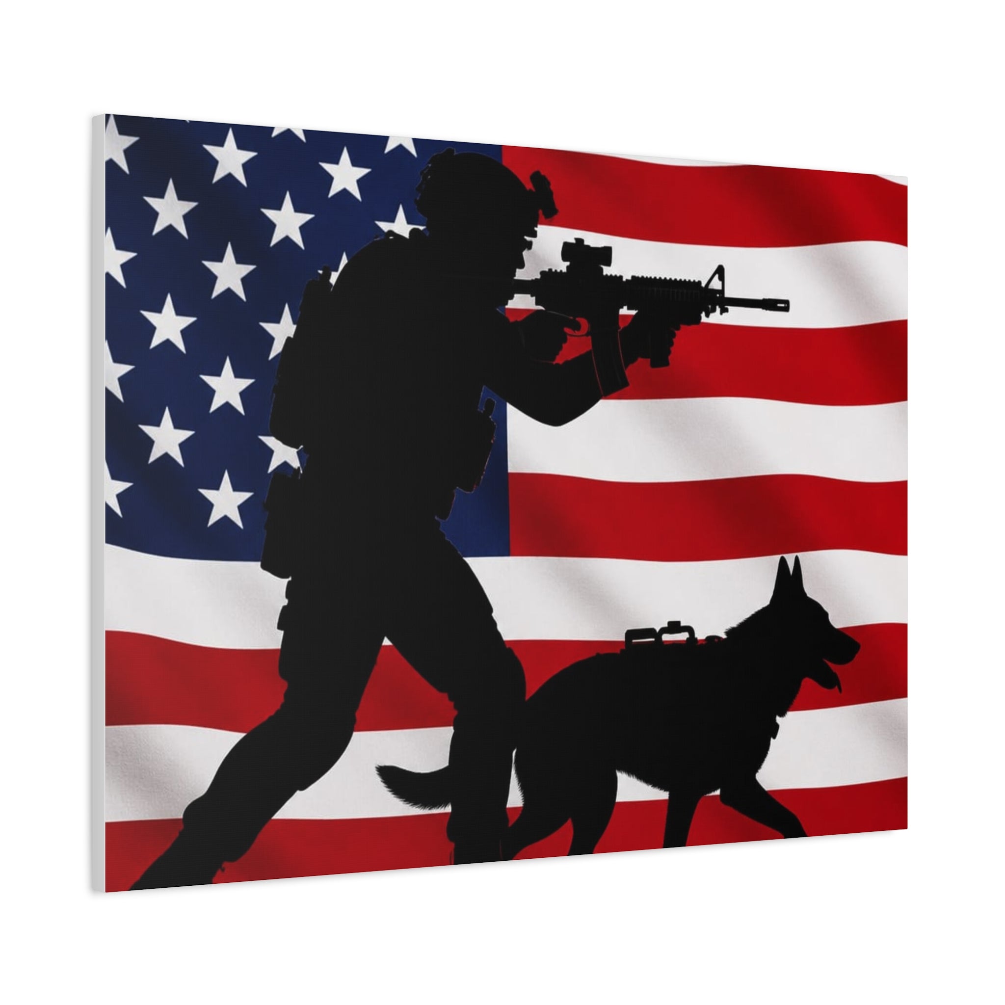 Patriotic Military K9 Canvas Wall Art — Soldier and Dog Silhouette with American Flag