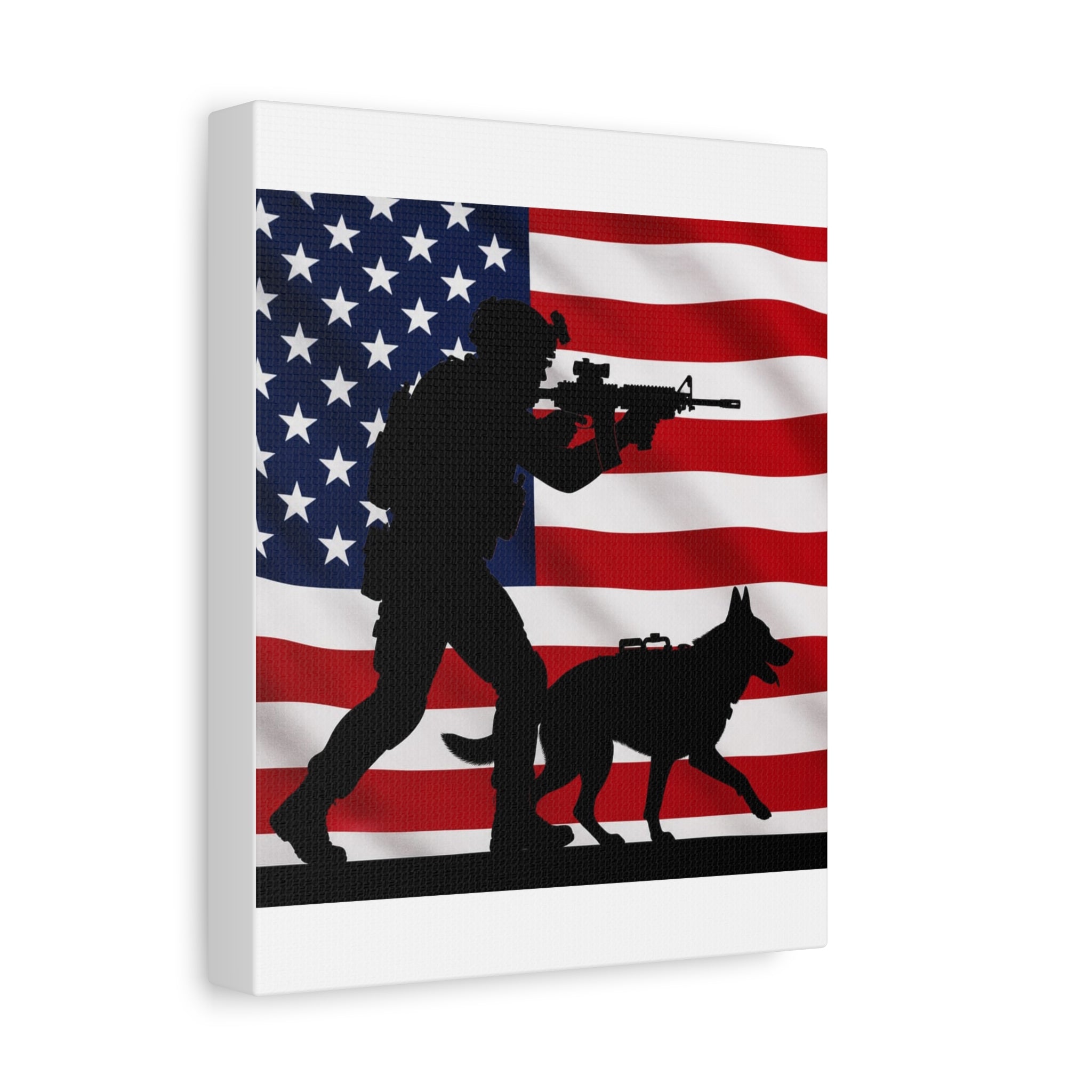 Patriotic Military K9 Canvas Wall Art — Soldier and Dog Silhouette with American Flag