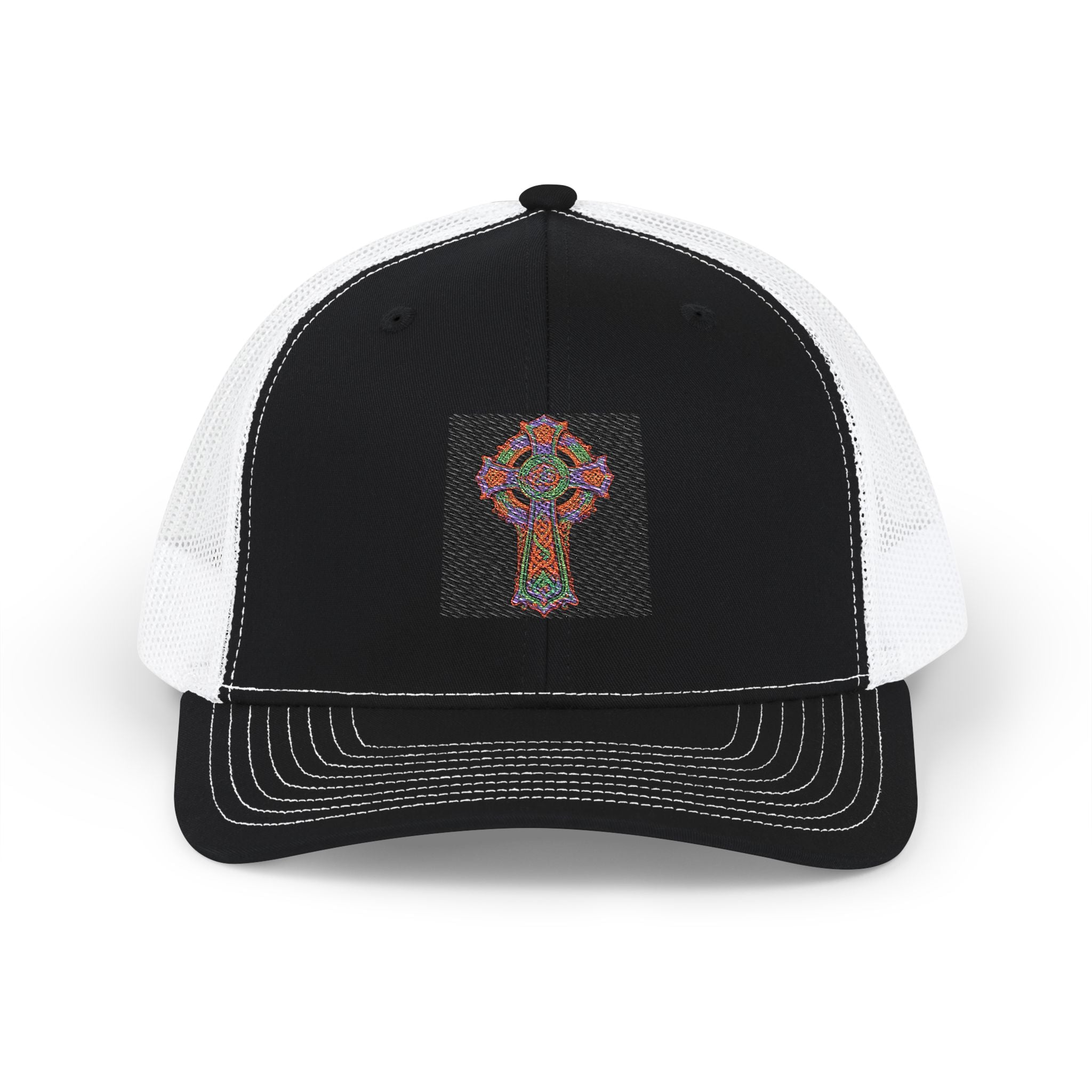 Floral Cross Snapback Trucker Cap — Colorful Mosaic Church Cross Hat