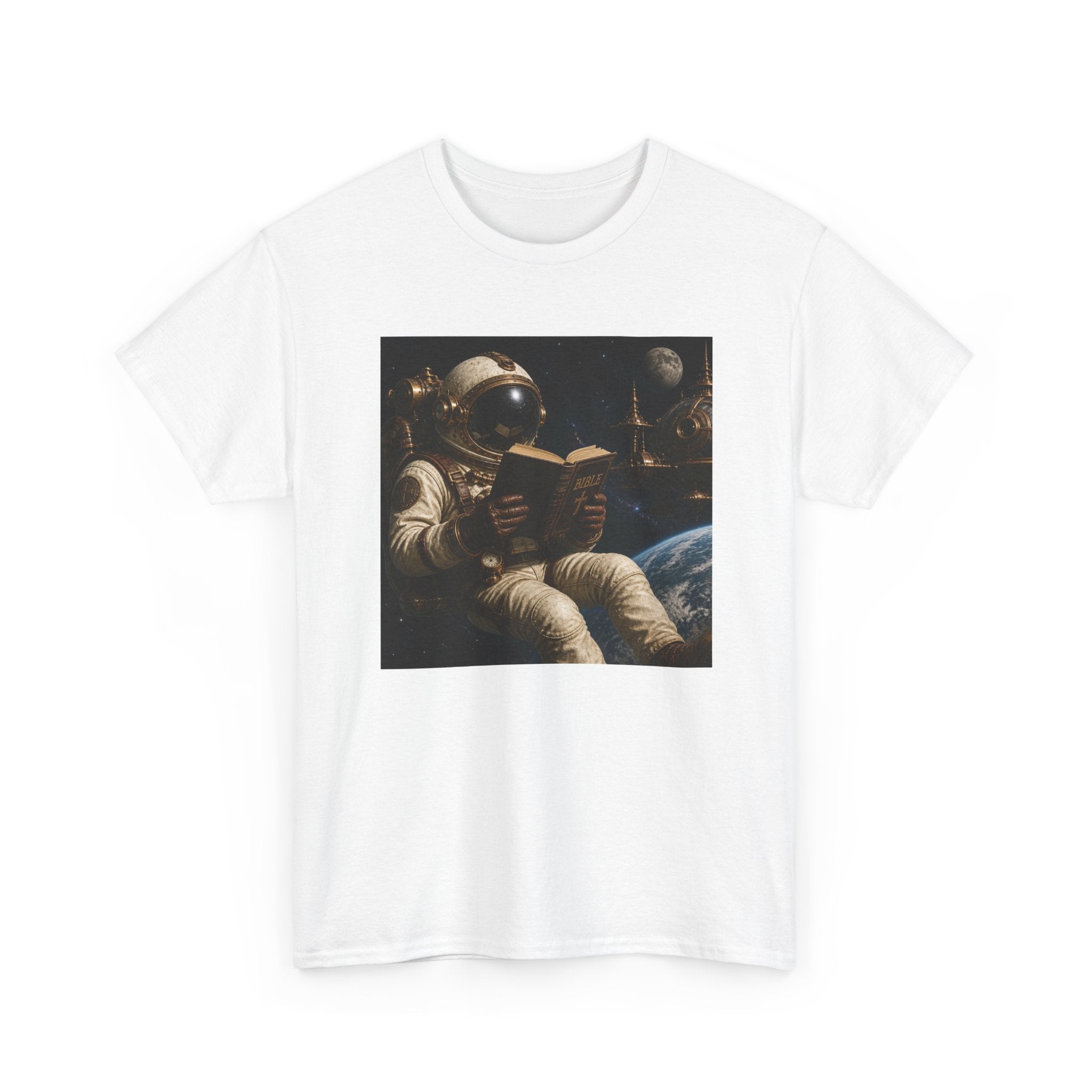 Astronaut Reading Graphic Tee — Spacebook Retro Sci‑Fi T-Shirt - Steampunk