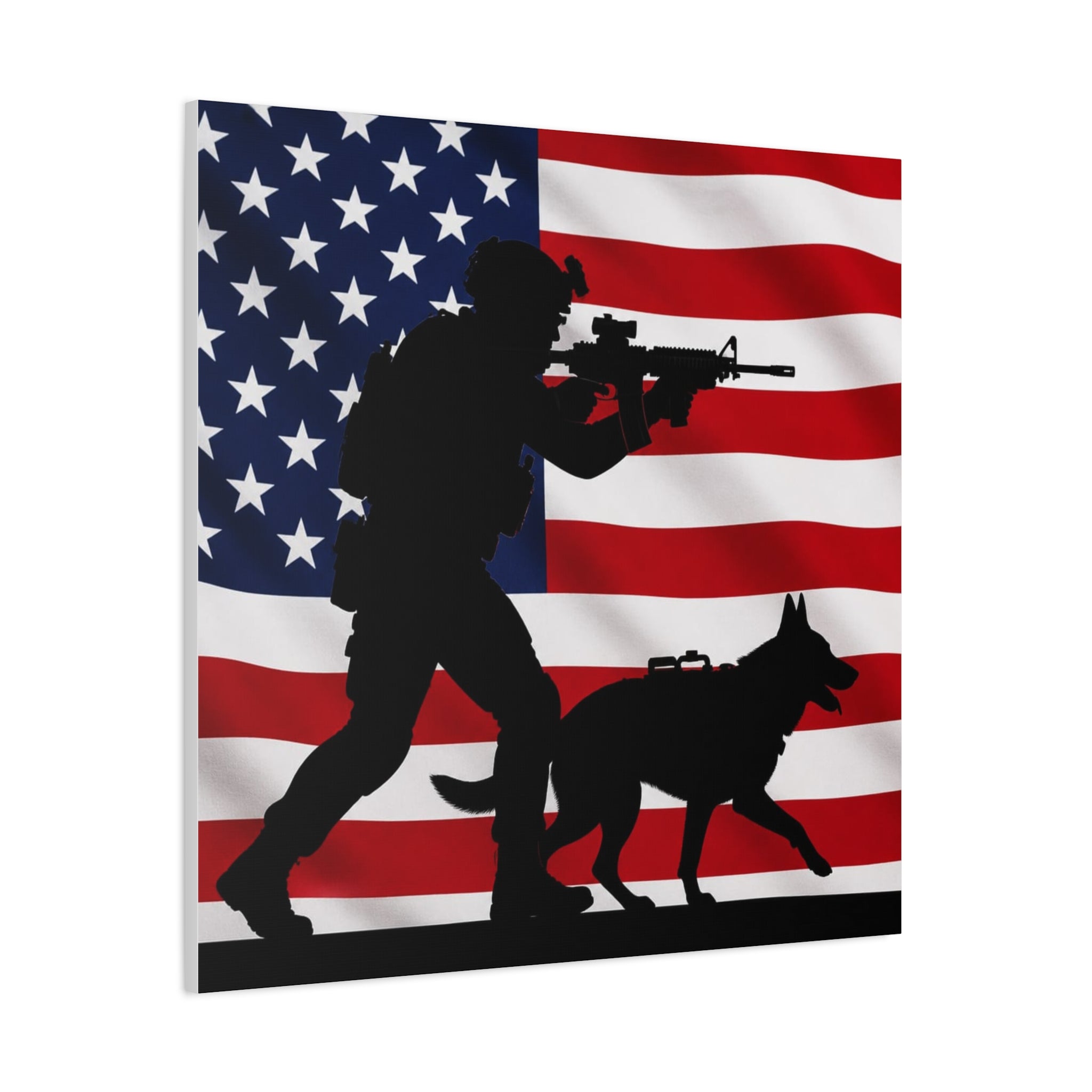 Patriotic Military K9 Canvas Wall Art — Soldier and Dog Silhouette with American Flag