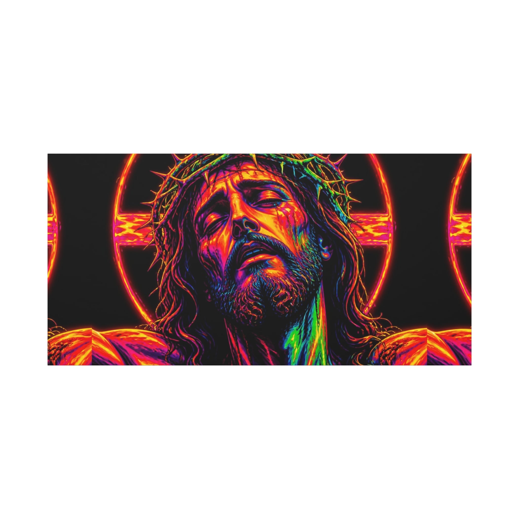 Neon Christ Crucifix Canvas Print — Vibrant Religious Wall Art